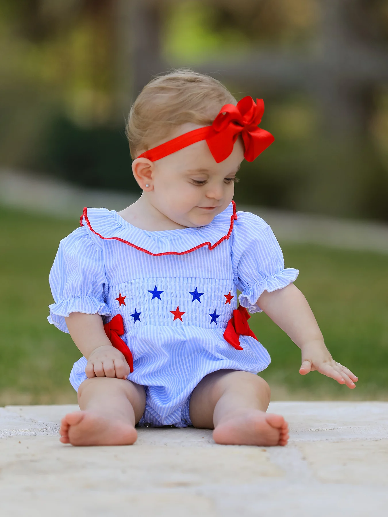 4th of july Girls' Smocking Star Embroidered Romper - Image 2