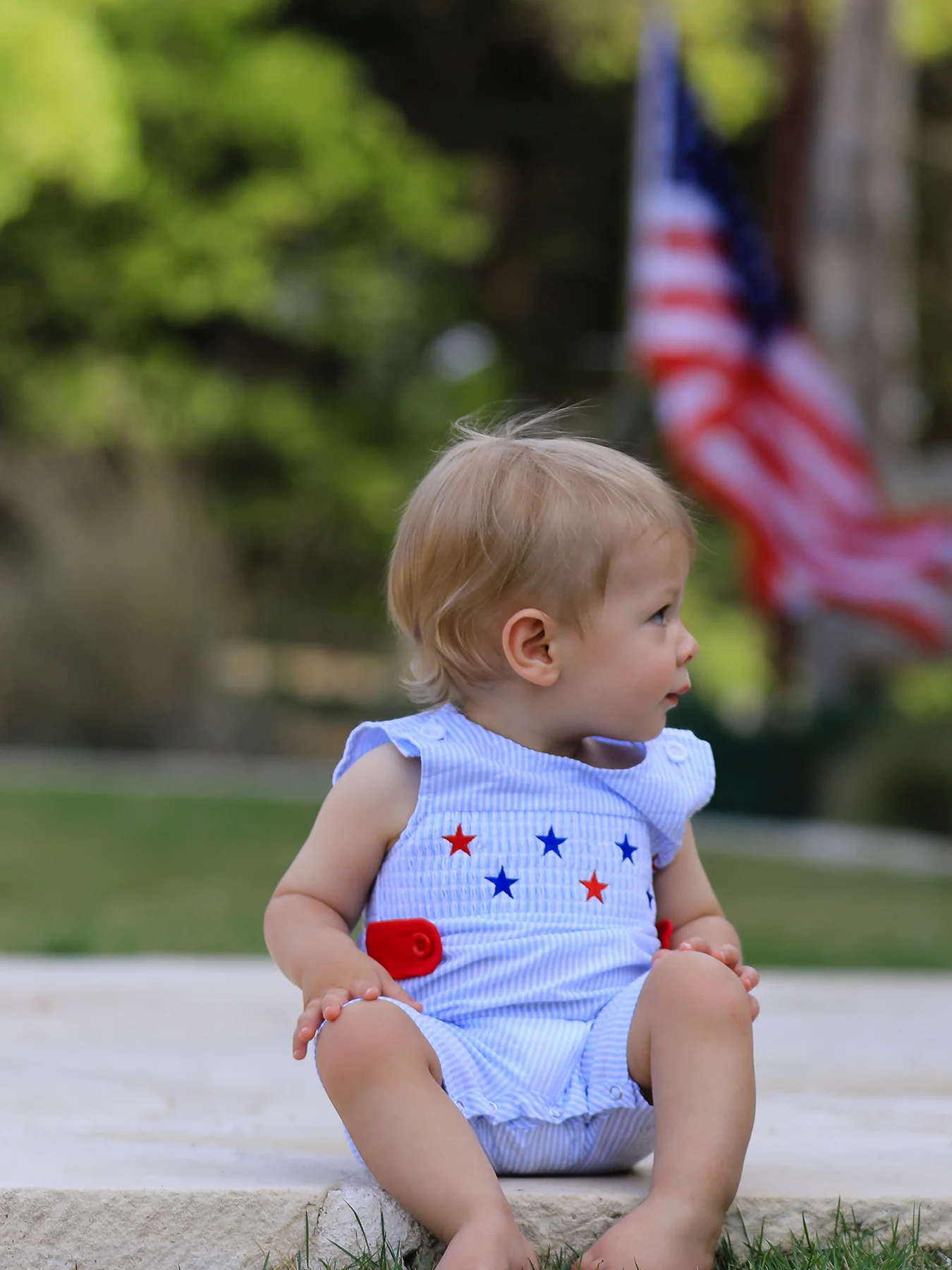 4th of july Boys' Smocking Star Embroidered Romper - Image 5