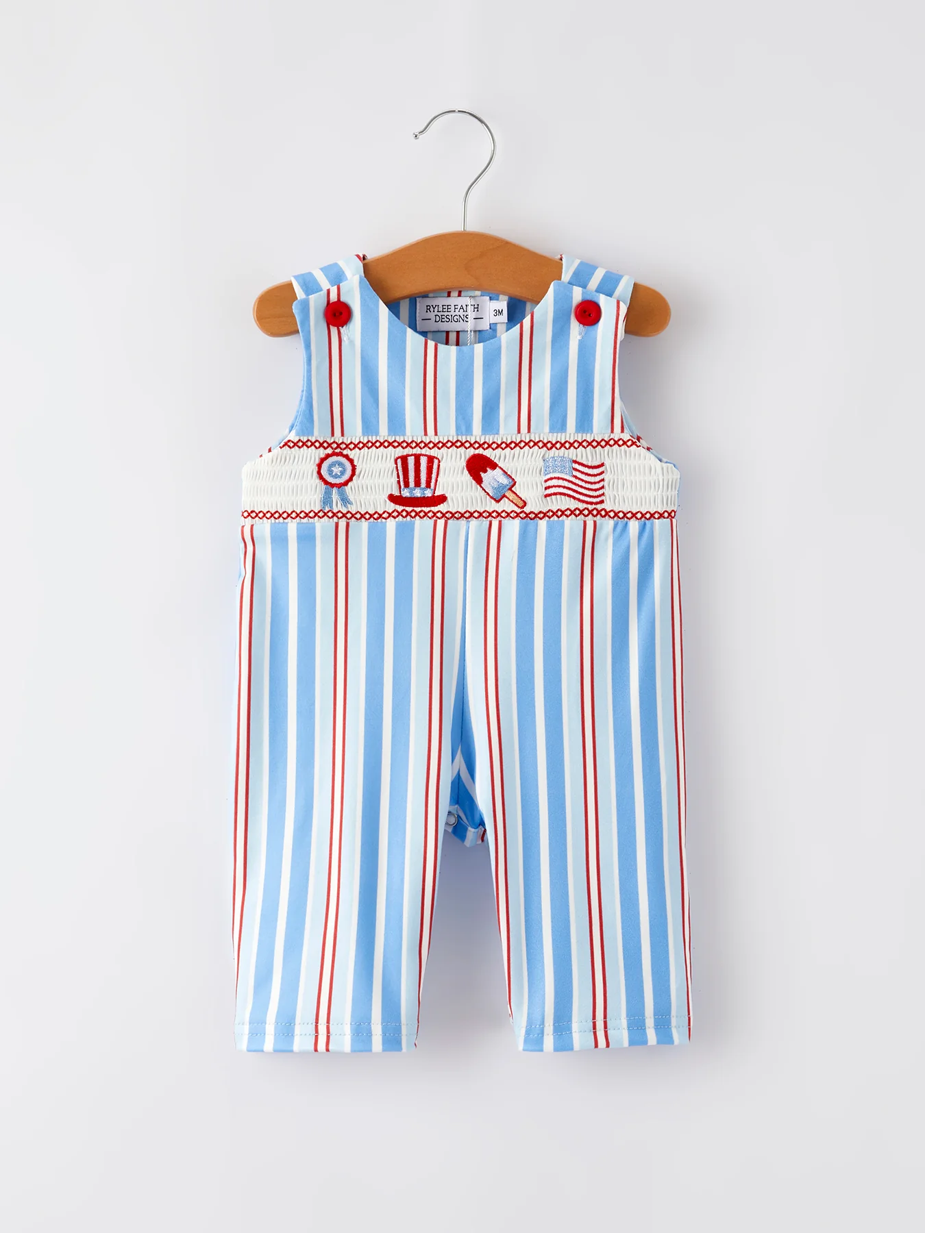 4th of july Toddler Boys Ice Cream Striped Smocking Embroidered Romper