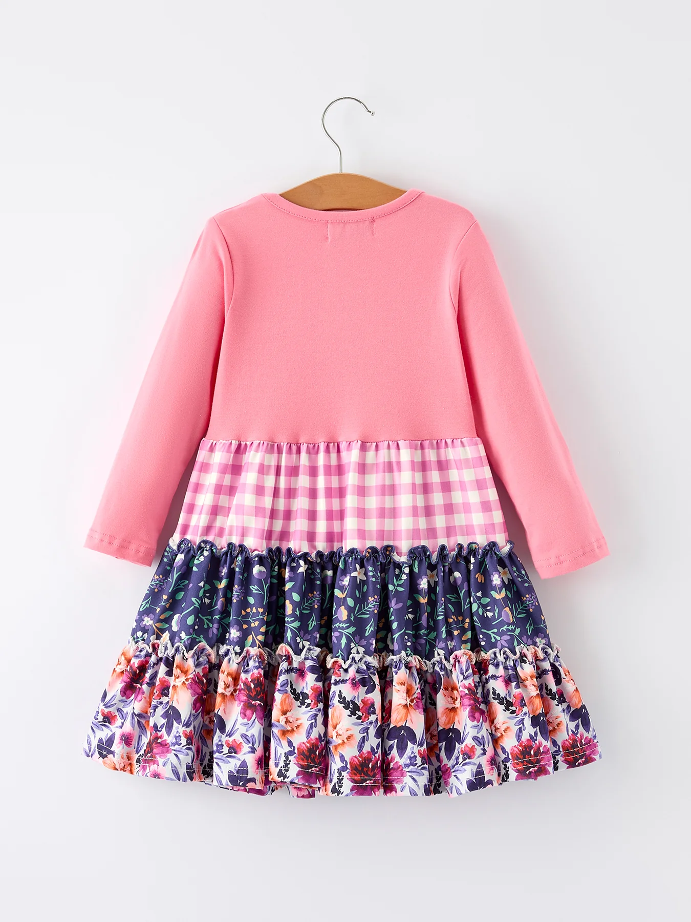 Pink Autumn Patchwork Floral & Plaid Long Sleeve Girls Dress - Image 2