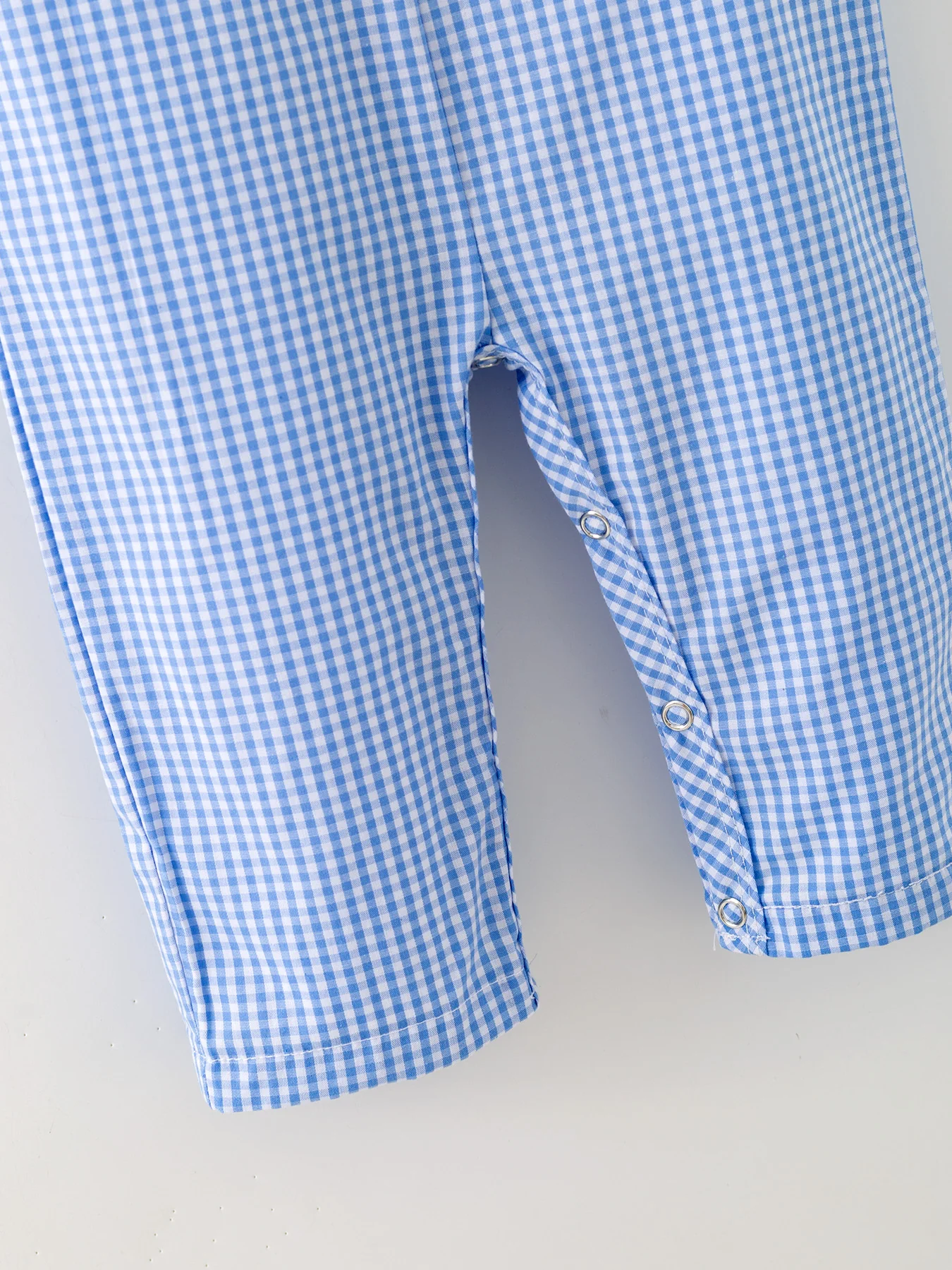 Baby Boy Baseball Smocked Romper – Blue Plaid Summer Outfit - Image 3