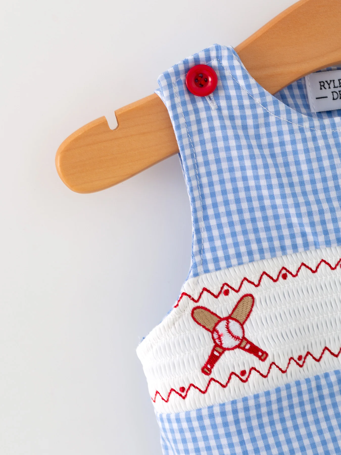 Baby Boy Baseball Smocked Romper – Blue Plaid Summer Outfit - Image 4