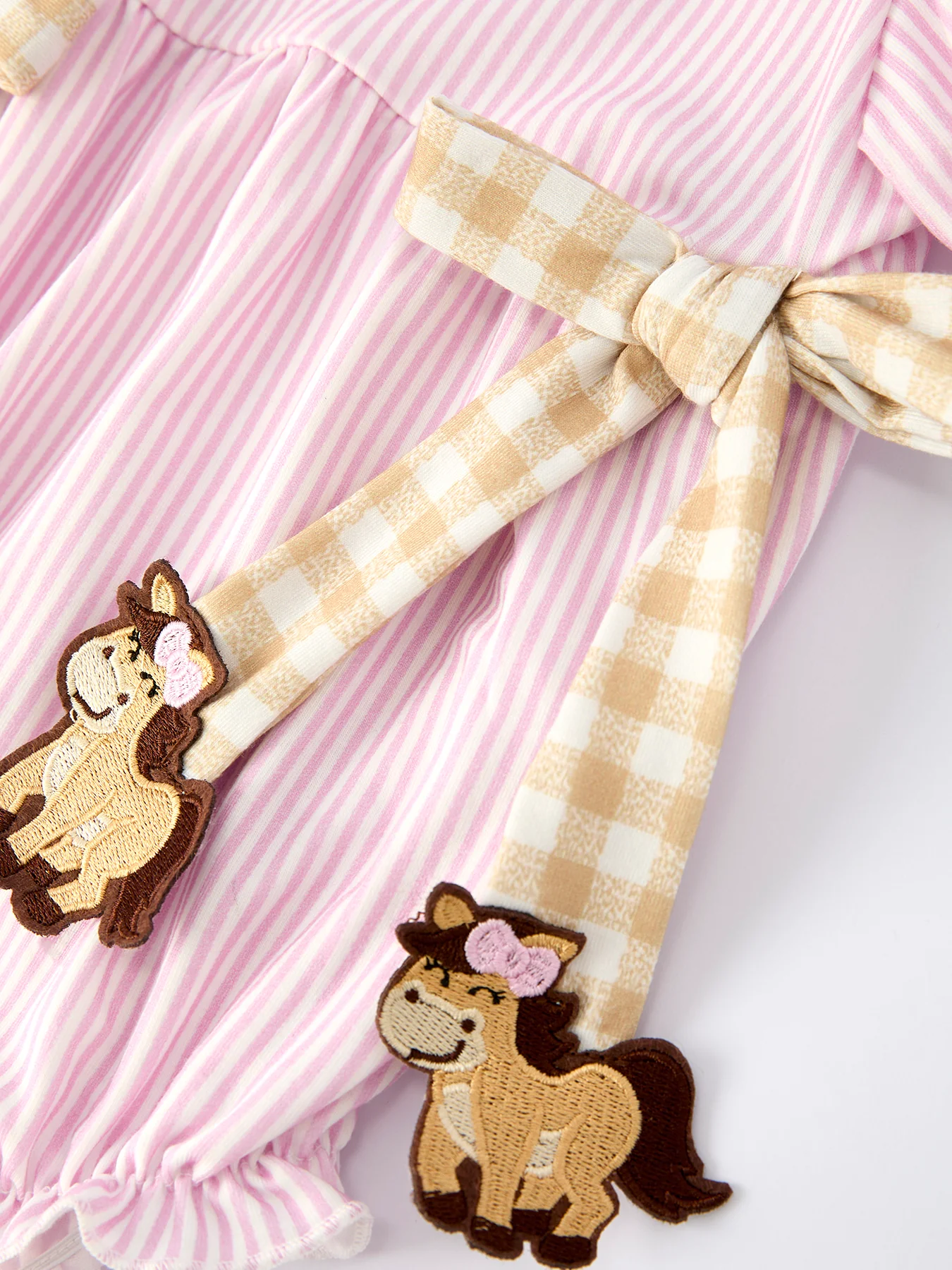Farm Horse Bow Baby Girls Romper – Pink Plaid - Image 8
