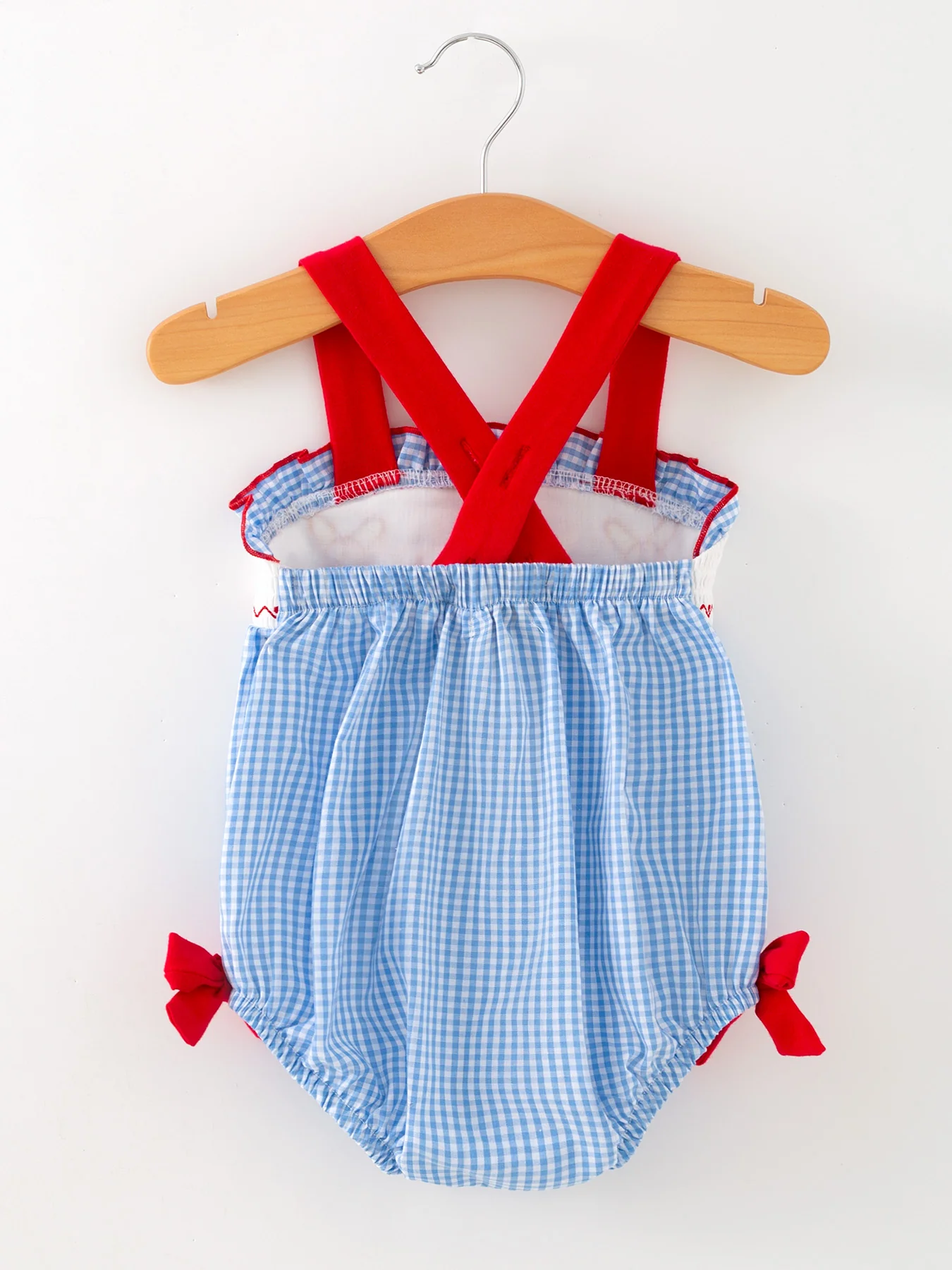 Baby Girls Baseball Smocked Romper – Blue Plaid Summer Outfit - Image 5