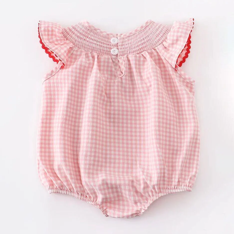 Baby Girls Strawberry Plaid Smocked Romper - Image 14