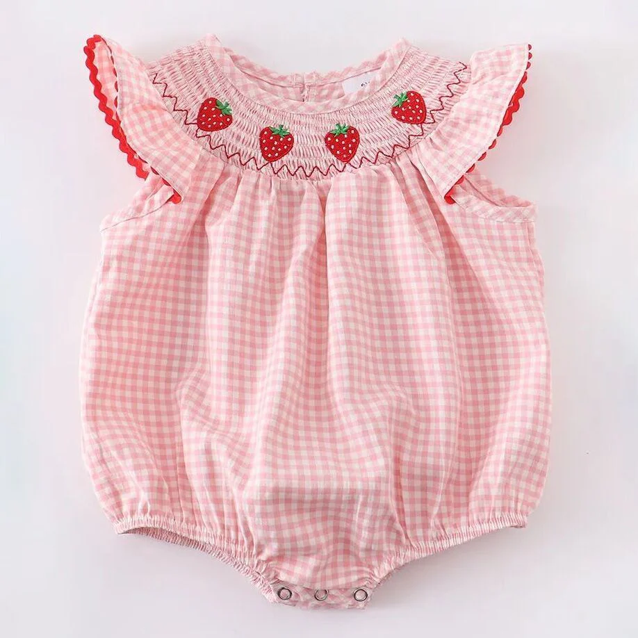 Baby Girls Strawberry Plaid Smocked Romper - Image 9