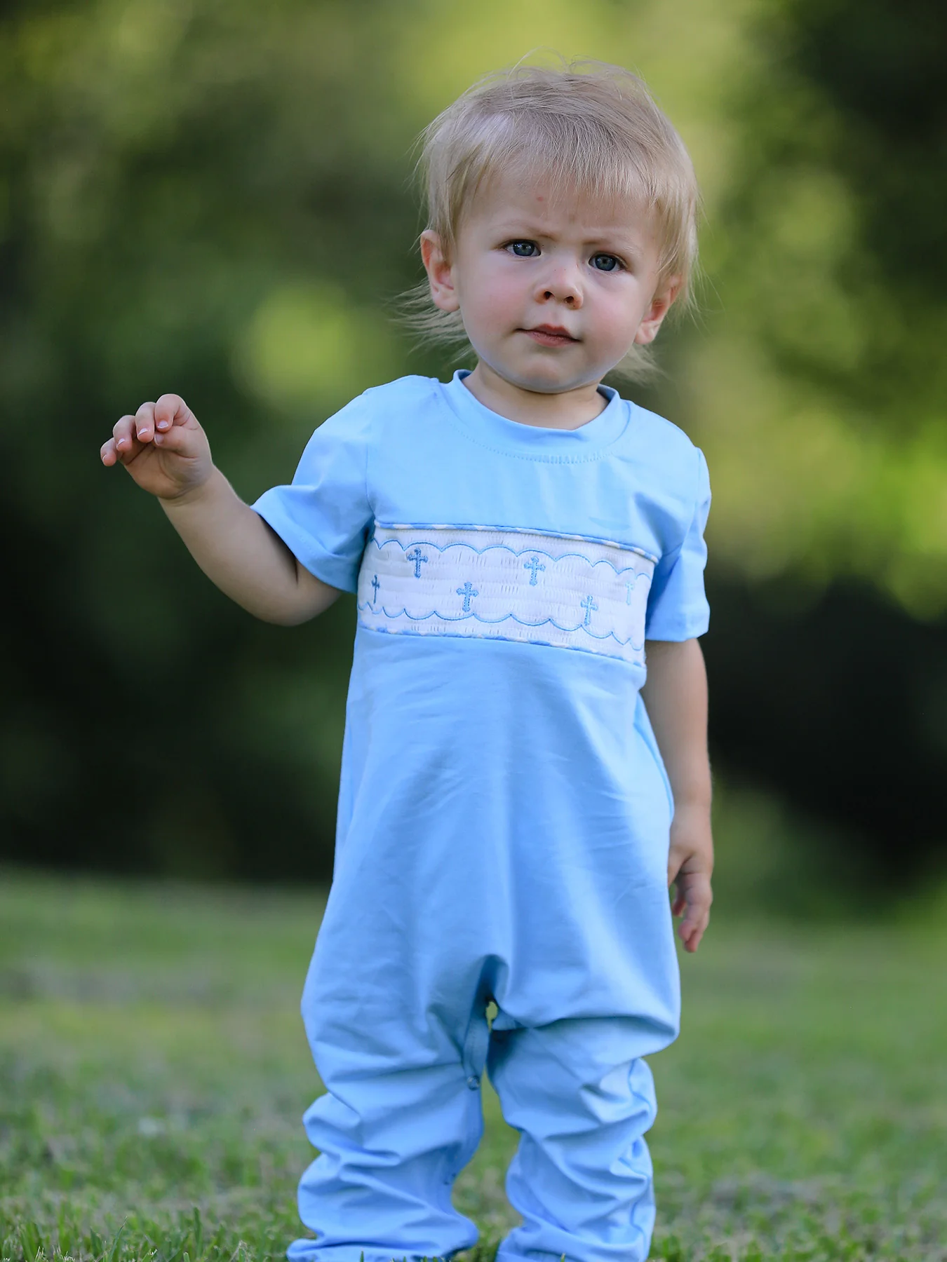 Blue Smocked Church Christ Bishop Christening Baby Boys' Romper - Image 4