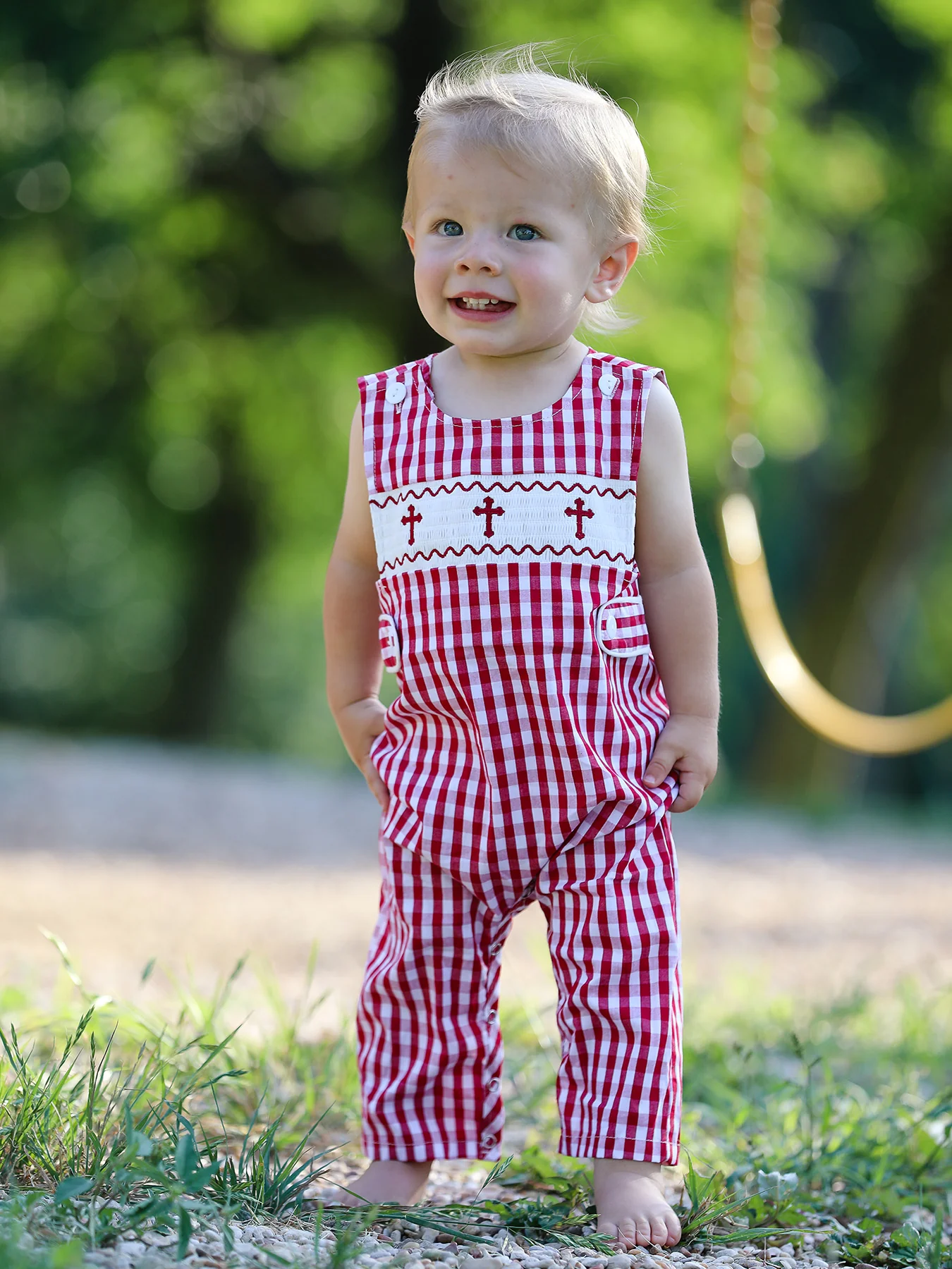 Red Plaid Smocked Church Christ Bishop Christening Baby Boys' Romper - Image 5