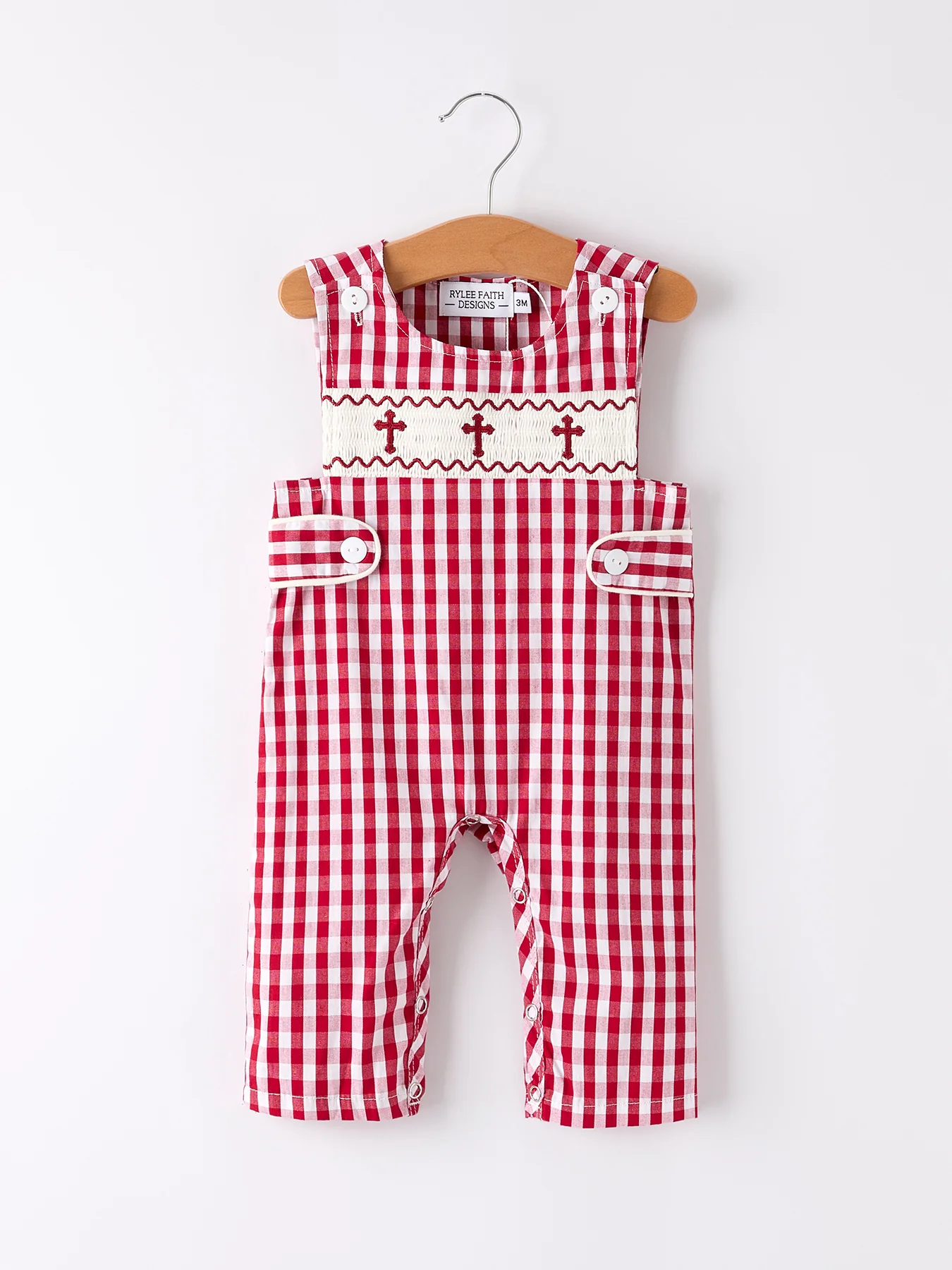 Red Plaid Smocked Church Christ Bishop Christening Baby Boys' Romper - Image 8
