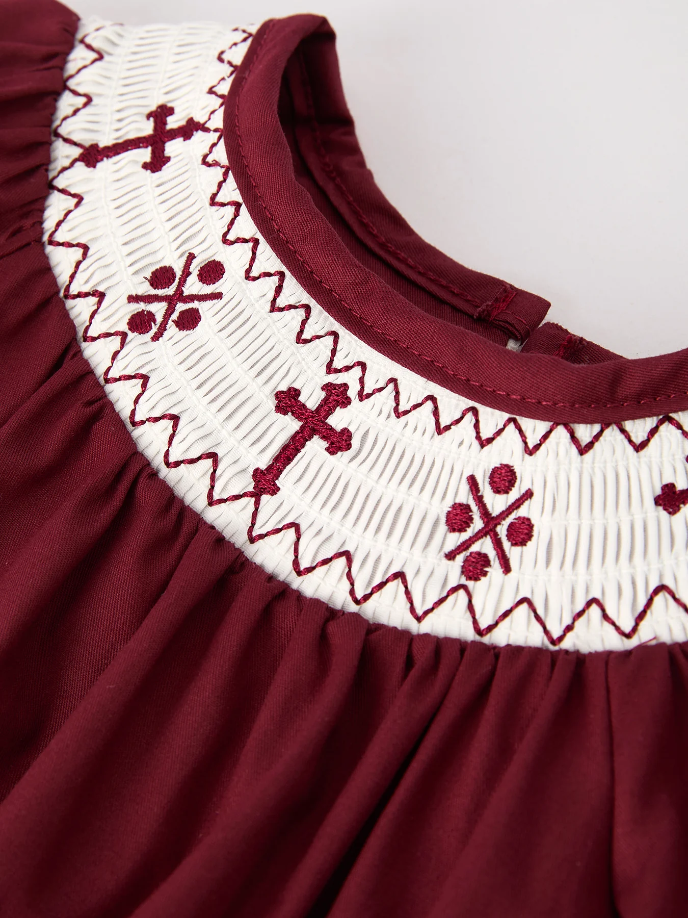 Dark Red Smocked Church Christ Bishop Christening Girls Romper - Image 3
