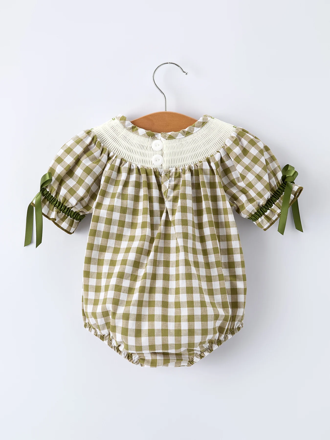 Green Plaid Fish Embroidered Baby Girls Smocked Romper - Image 2