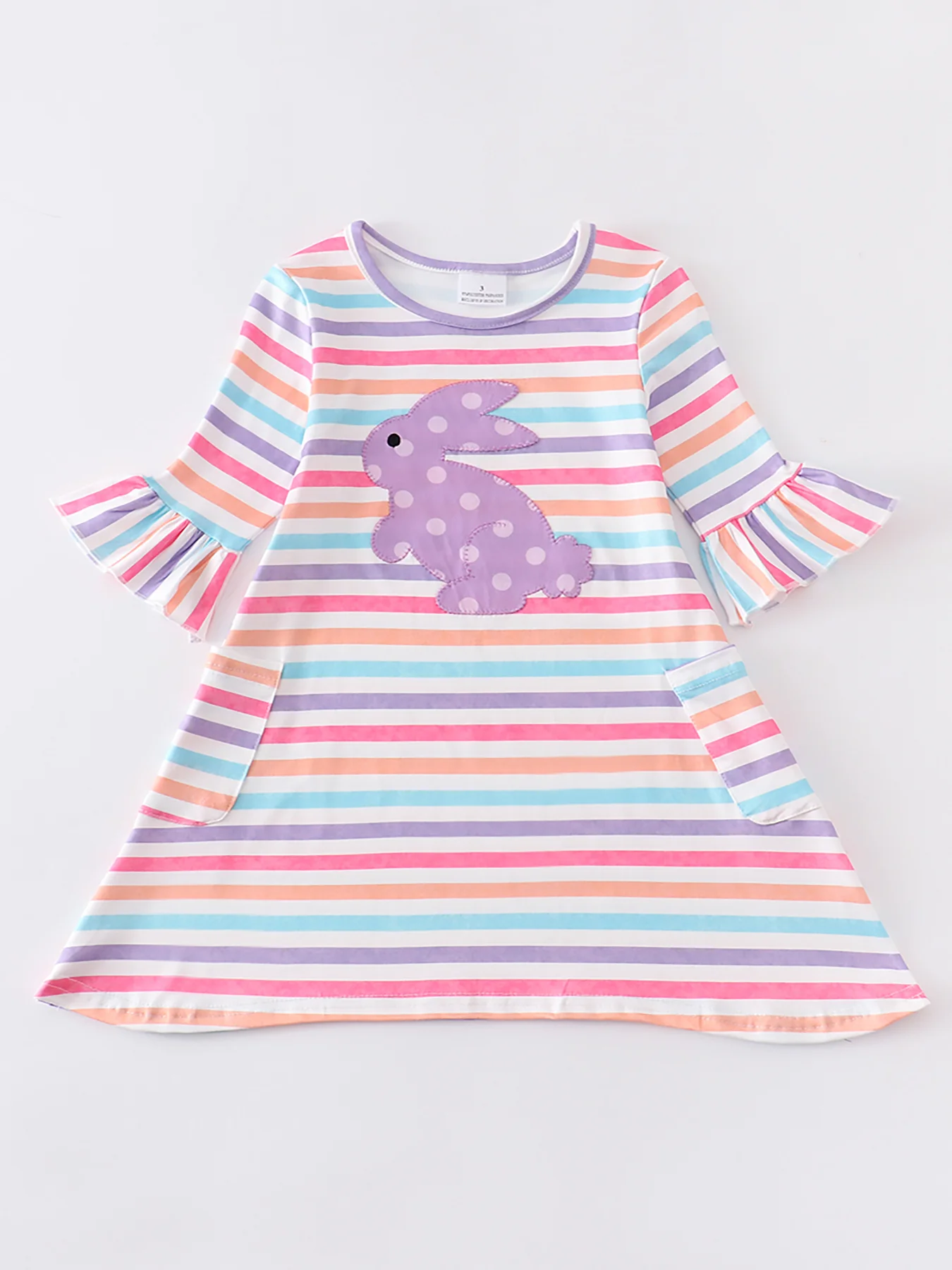 Colored Stripe Rabbit Applique Girl Dress