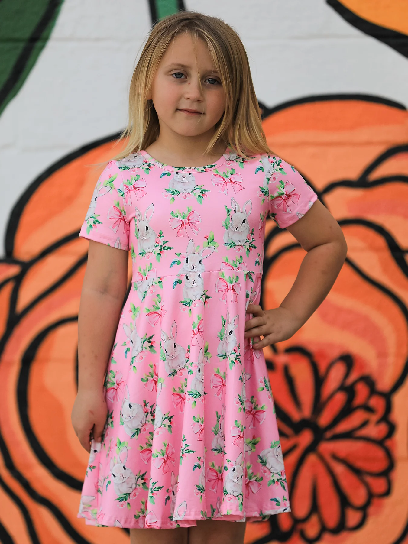 Easter Pink Bunny Floral Print Short Sleeve Dress - Image 3