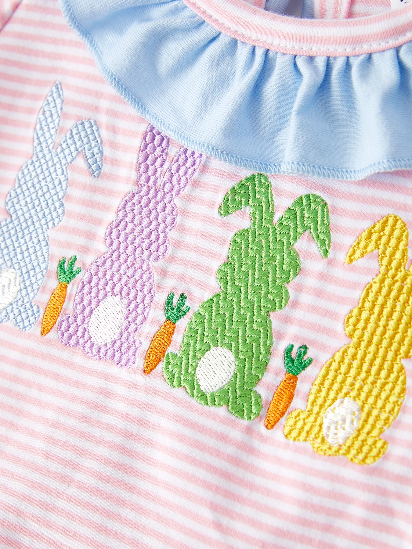 Easter Bunny Embroidery Girls Pink Stripe Bow Romper - Image 3