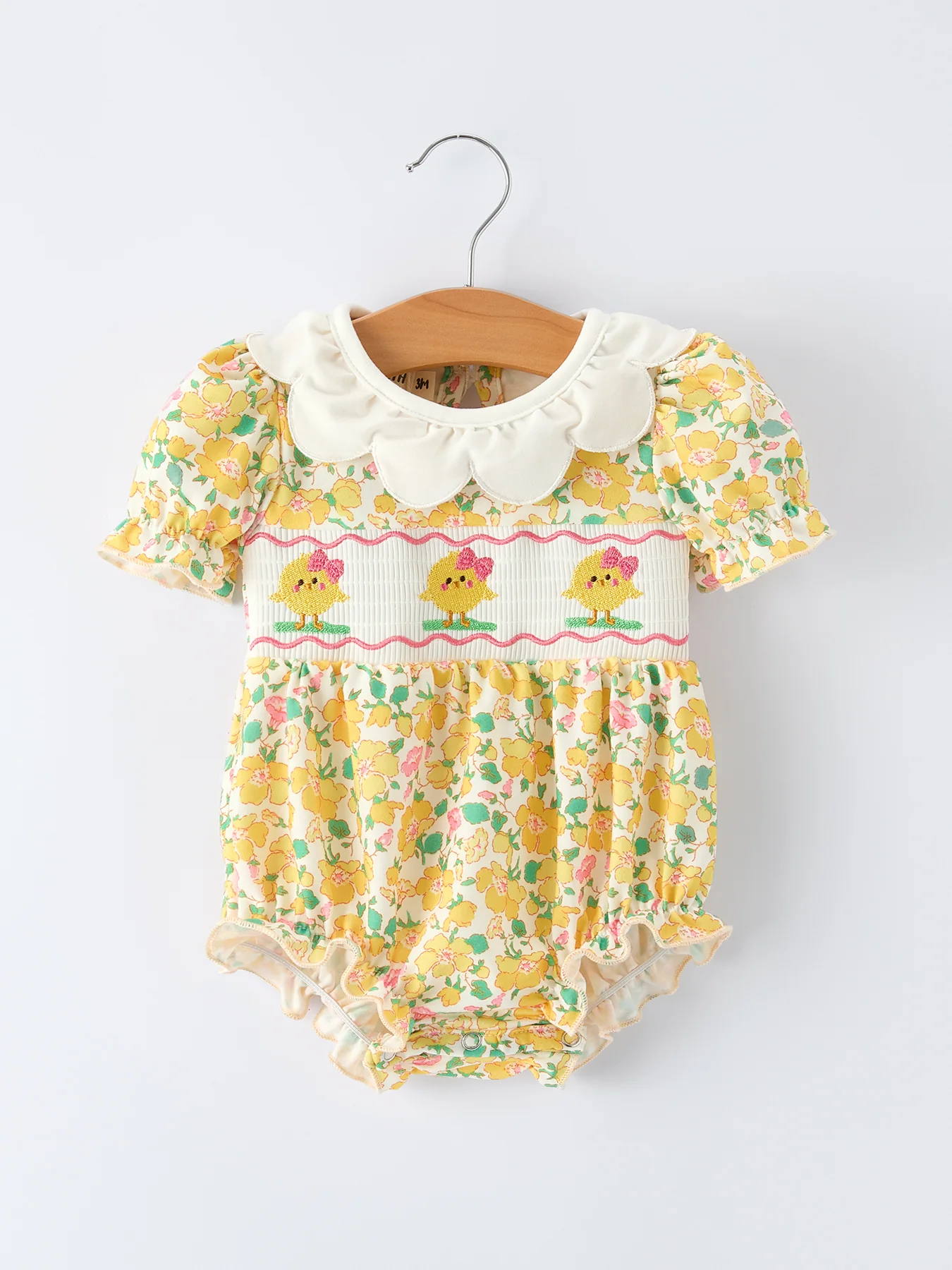 Easter Yellow Chick Embroidery Floral Baby Girl Romper Petal Collar - Image 6