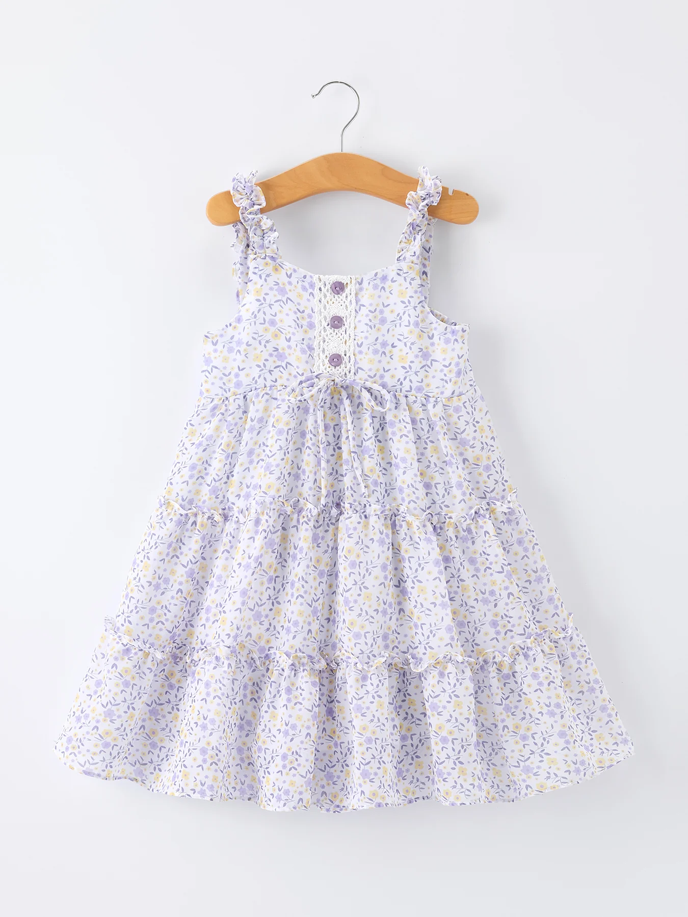 Spring Floral Girls Ruffle Bow Spaghetti Strap Dress