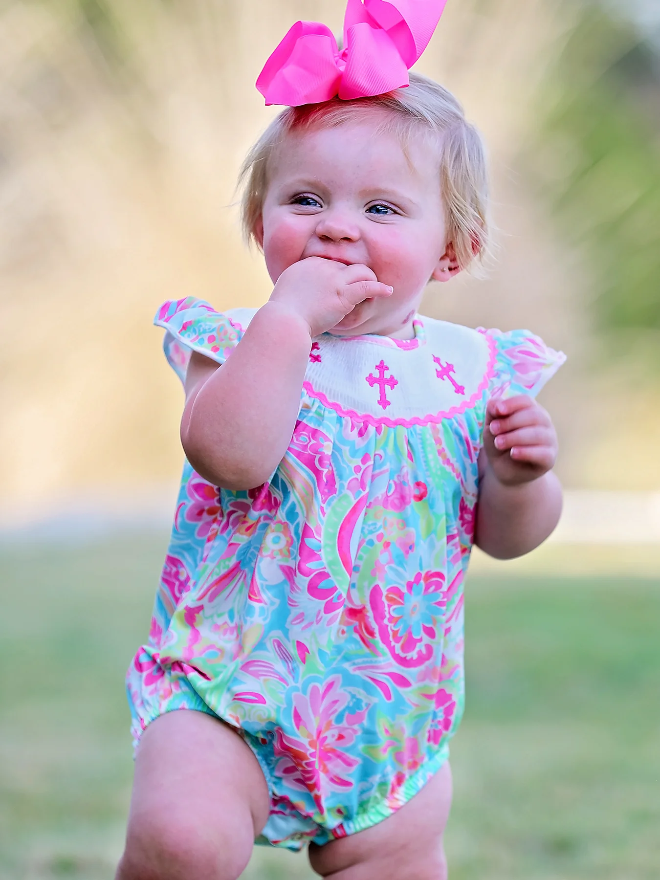 Easter Cross Smocking Embroidery Baby Girl Romper - Image 3