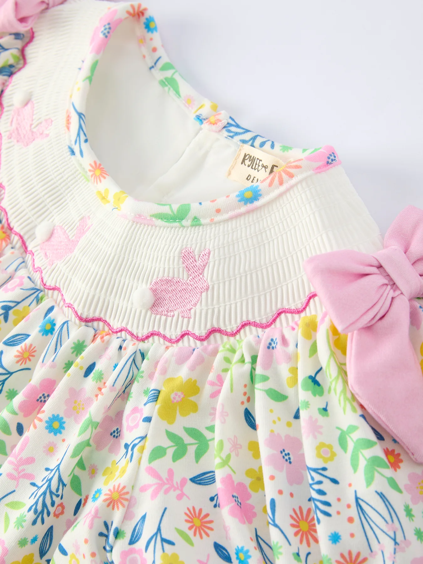 Easter Bunny Embroidered Pom-Pom Short-Sleeved Girls Dress - Image 3