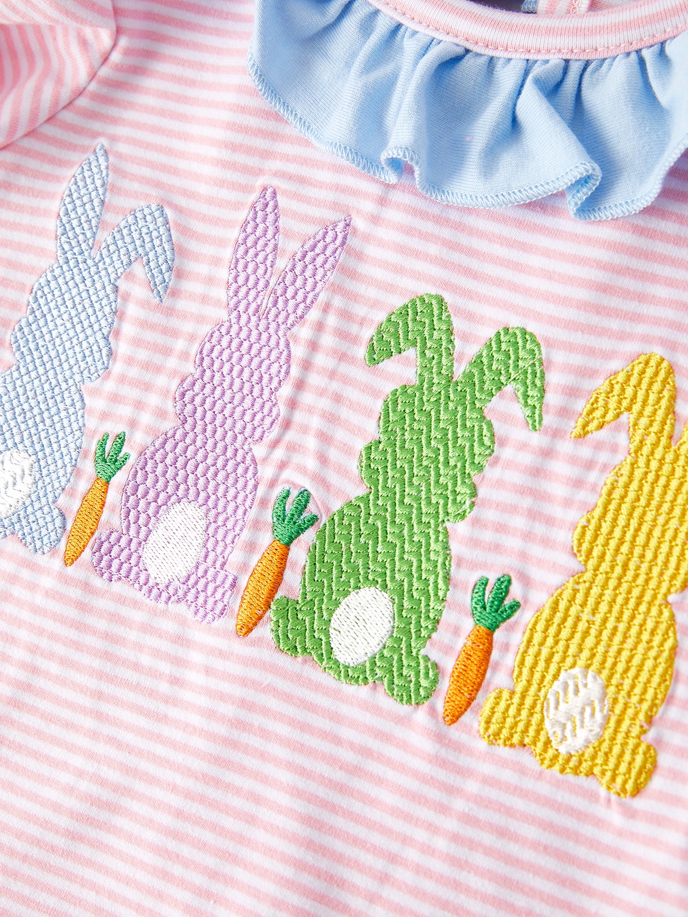 Easter Bunny Embroidery Girls Pink Stripe Outfit - Image 3