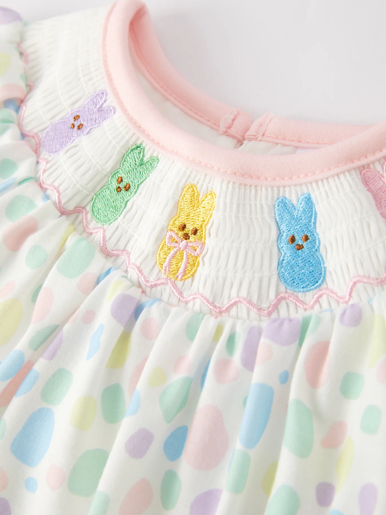 Easter Smocking Embroidery Colorful Polka Dot Romper - Image 3