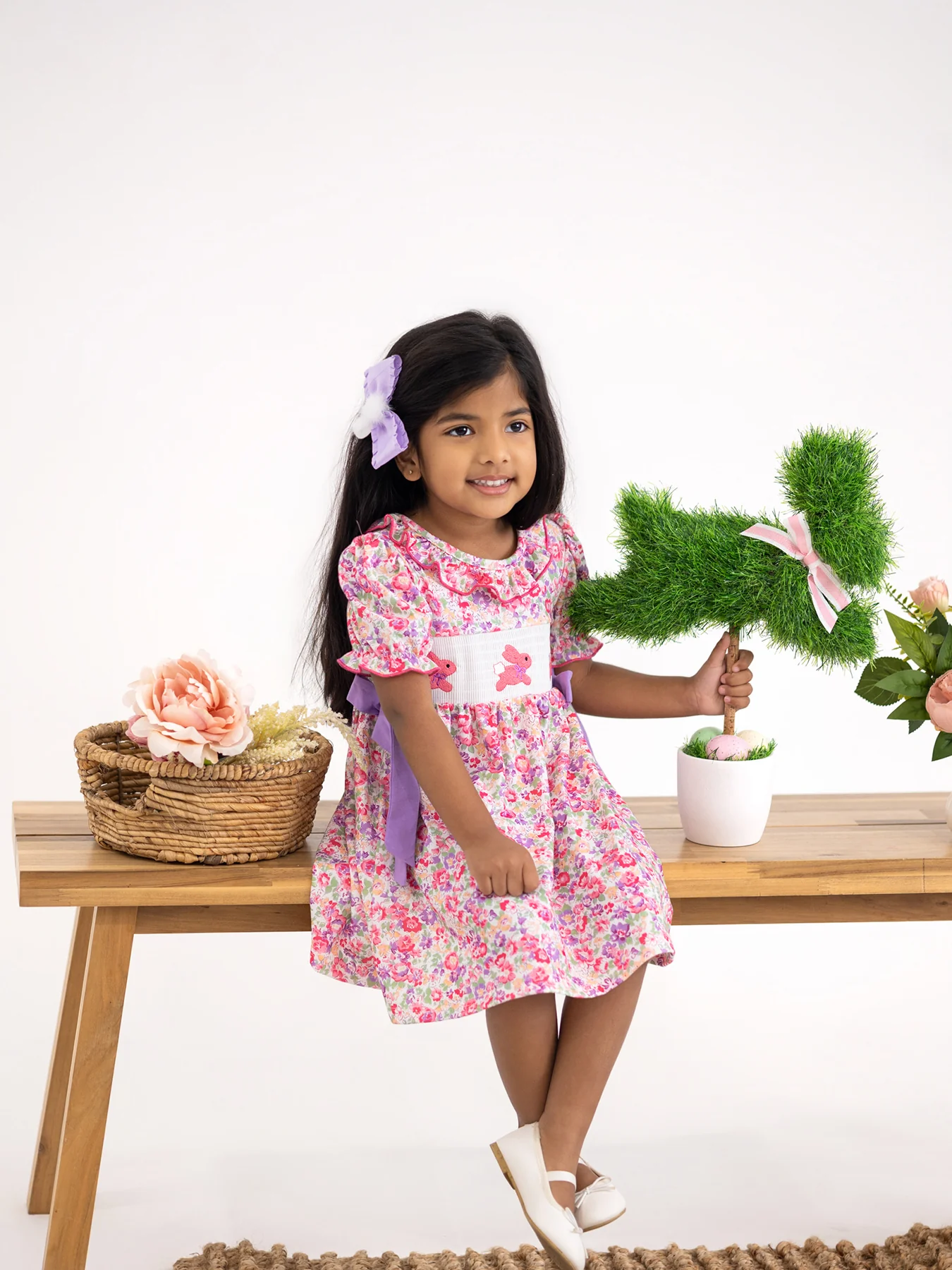 Easter Colorful Floral Bunny Embroidery Bow Ruffle Girl Dress