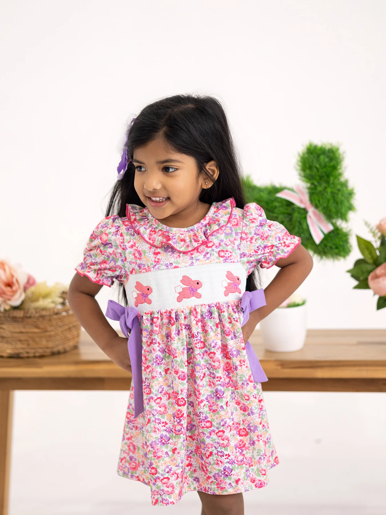 Easter Colorful Floral Bunny Embroidery Bow Ruffle Girl Dress - Image 2