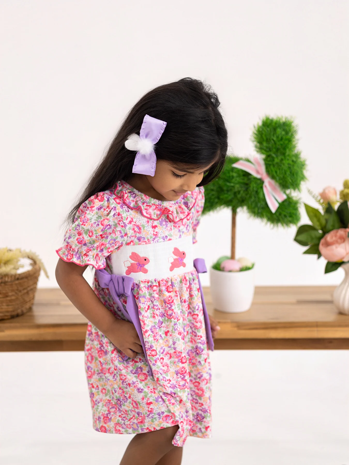 Easter Colorful Floral Bunny Embroidery Bow Ruffle Girl Dress - Image 3