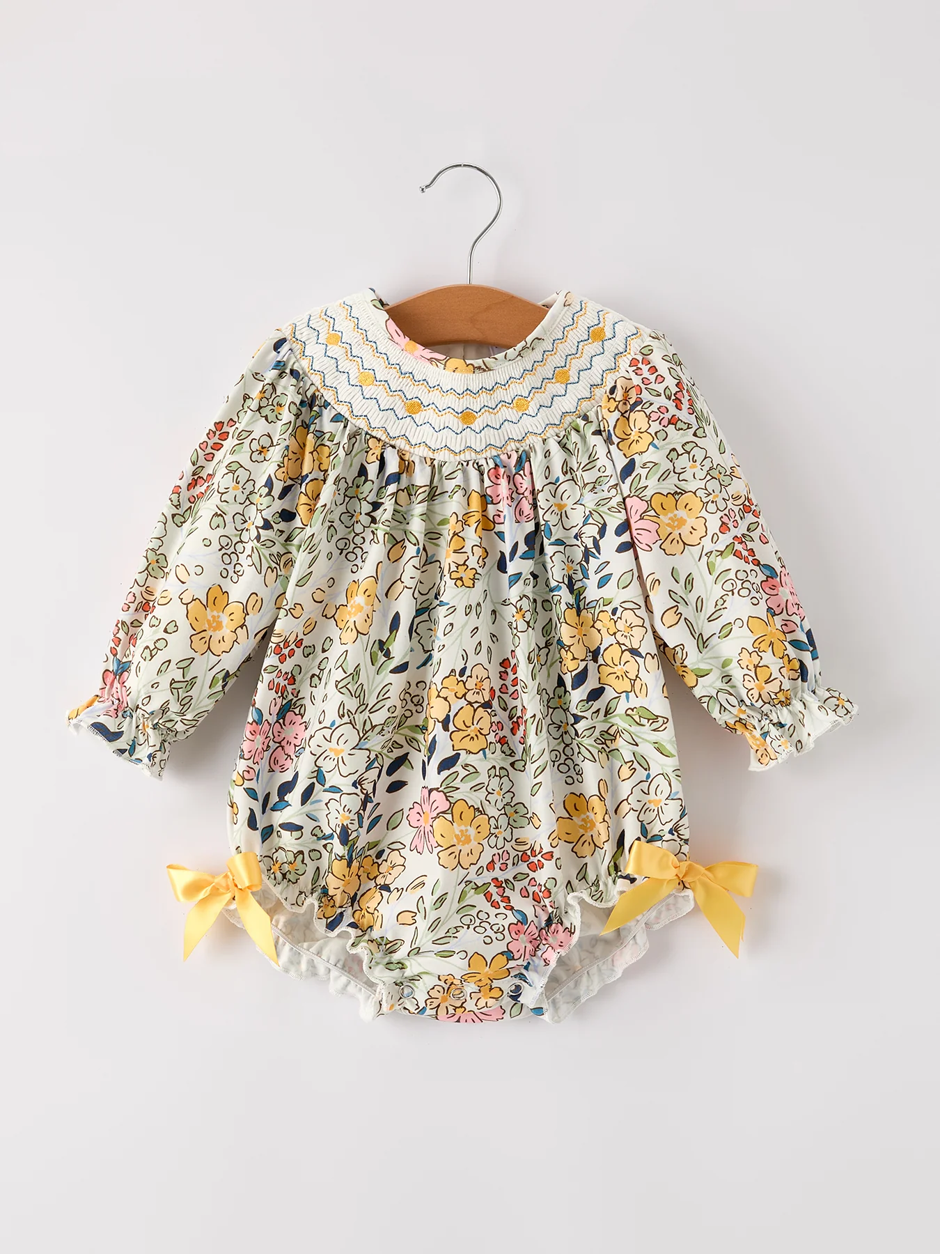 Fall Embroidery Smocking Bow Floral Leaf Baby Girls Romper - Image 6