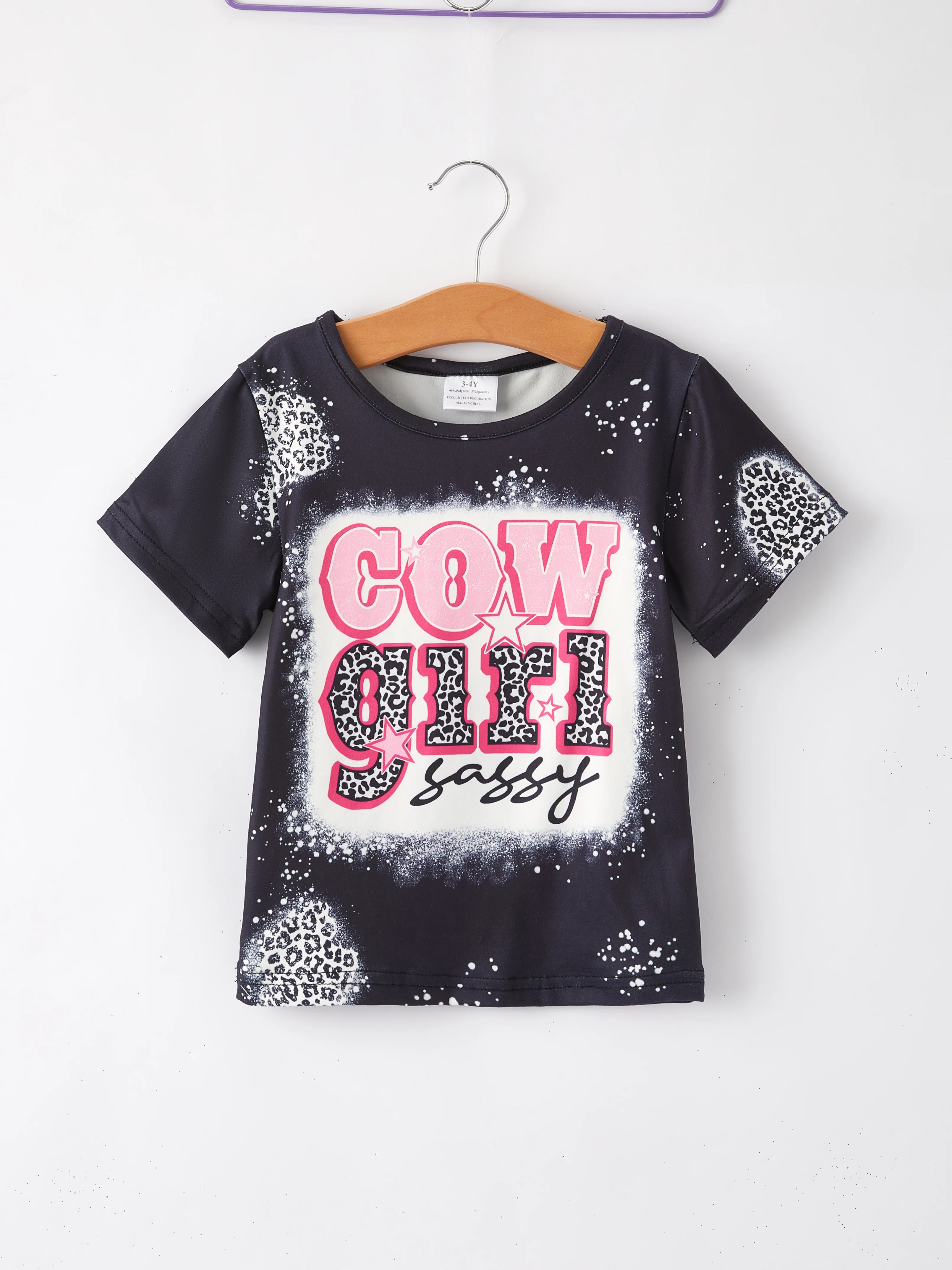 Four piece Baby Girl Leopard Letter Bleached Short Sleeve T-shirt Top Set - Image 3