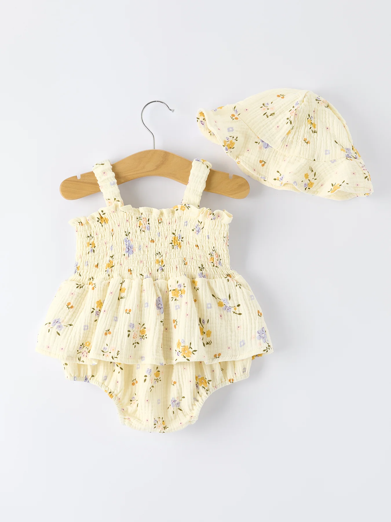 Muslin Floral Smocked Baby Romper with Matching Hat - Image 2