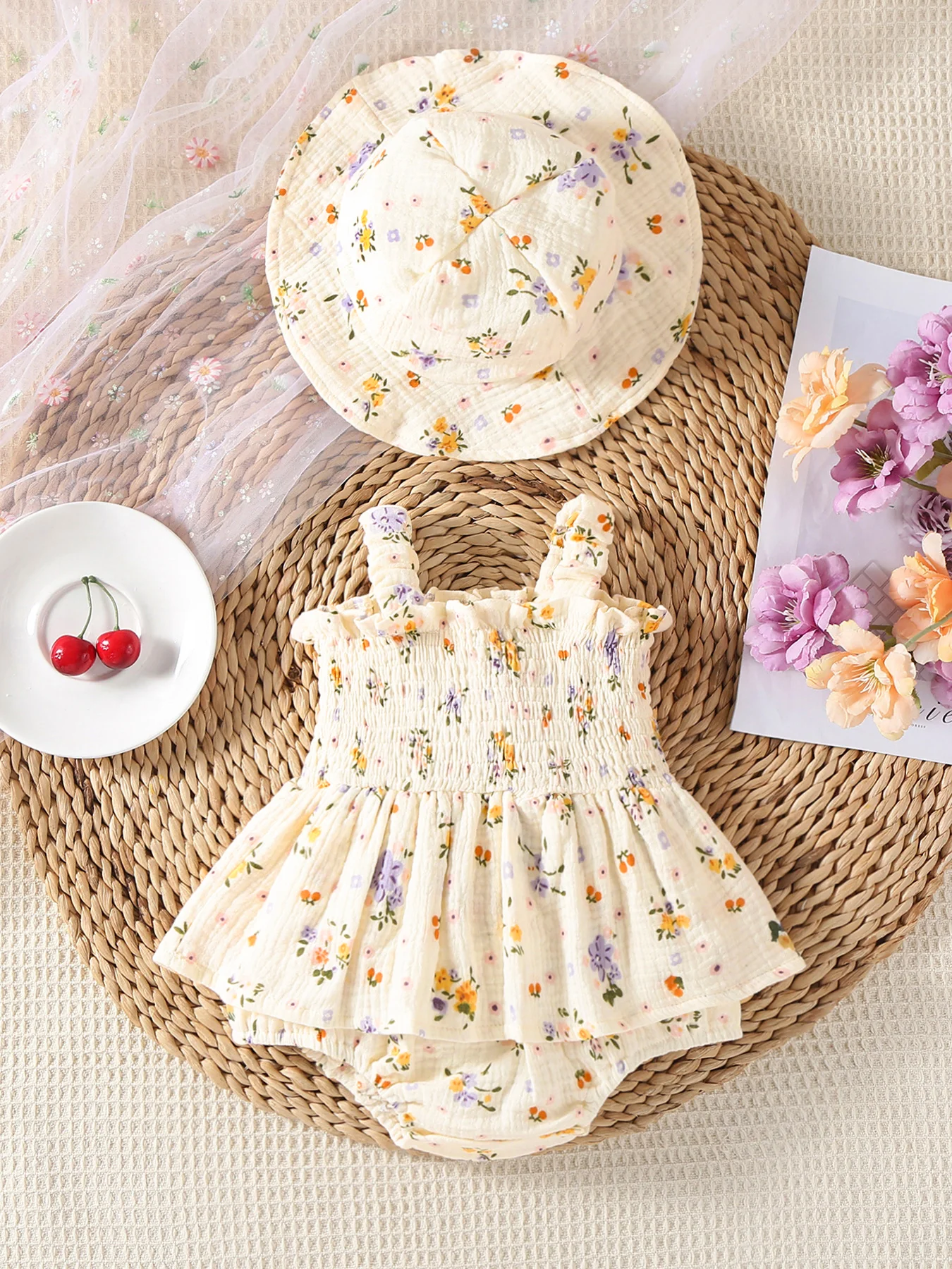 Muslin Floral Smocked Baby Romper with Matching Hat - Image 6