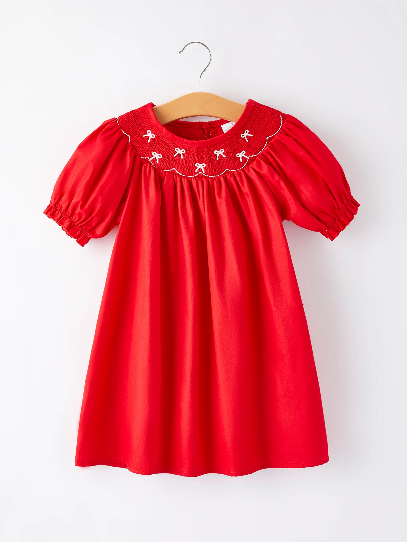 Girls Bow Smocking Embroidered Red Dress - Image 3