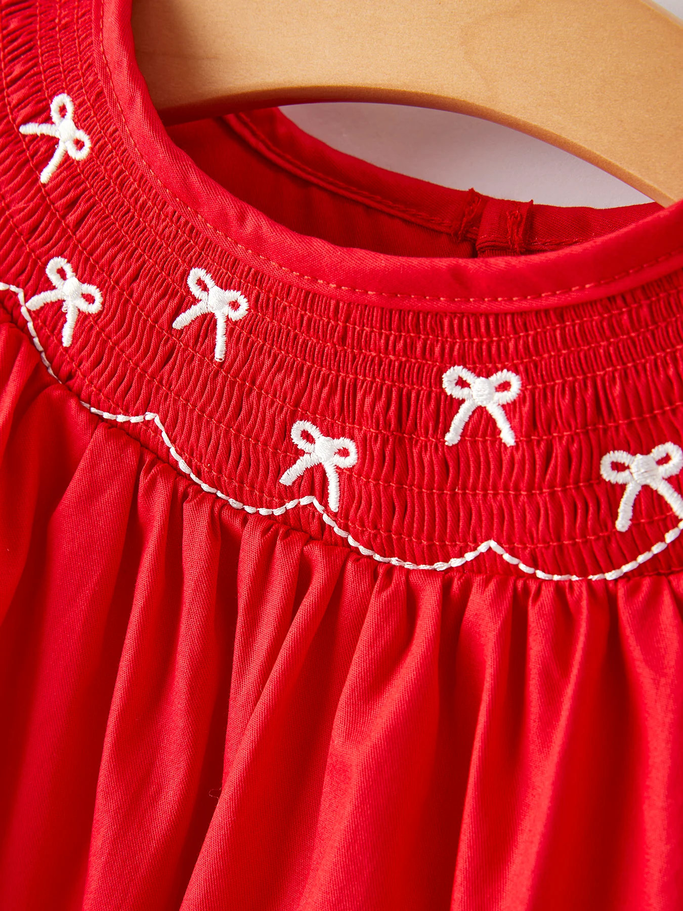 Girls Bow Smocking Embroidered Red Dress - Image 7