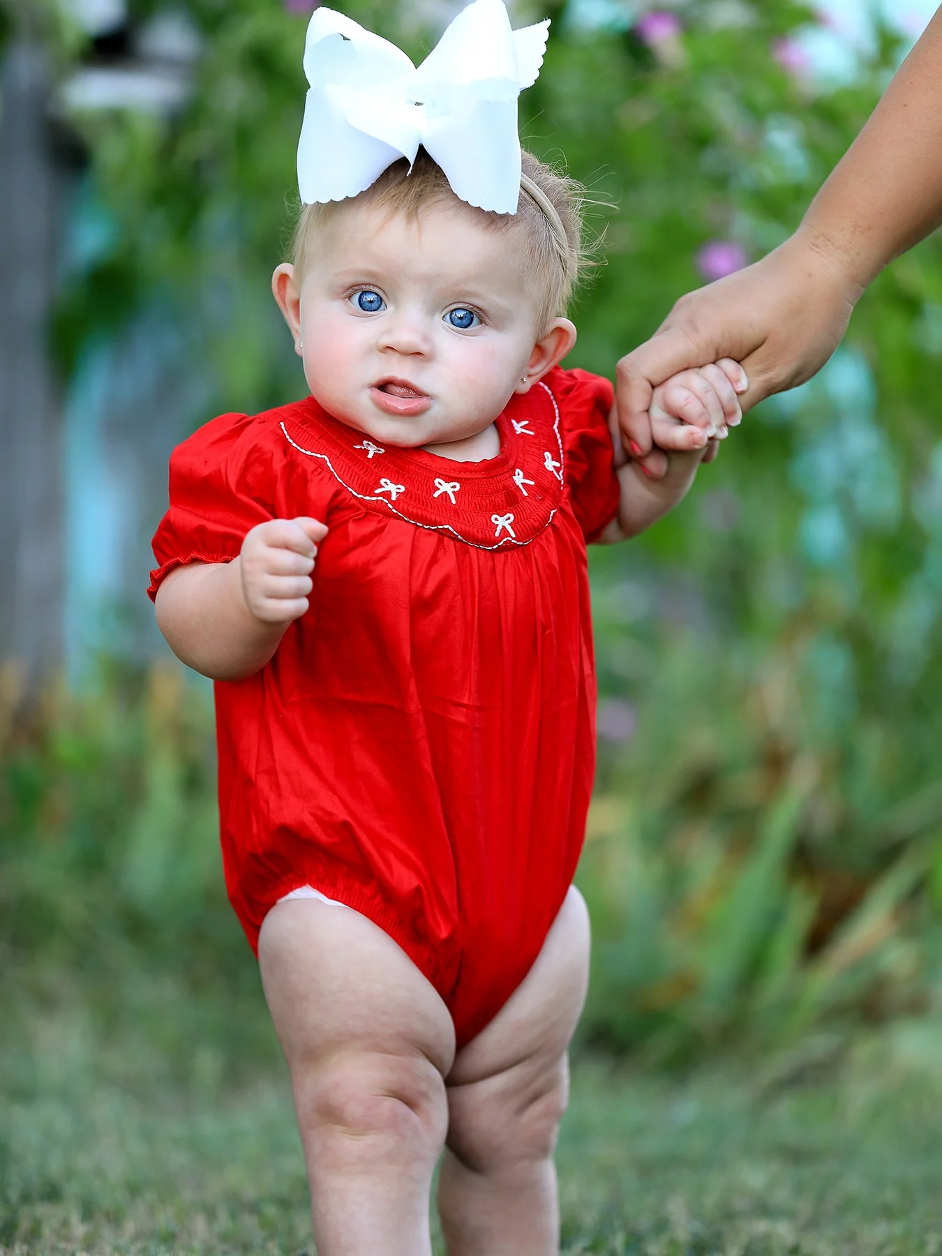 Girls Bow Smocking Embroidered Red Romper - Image 3