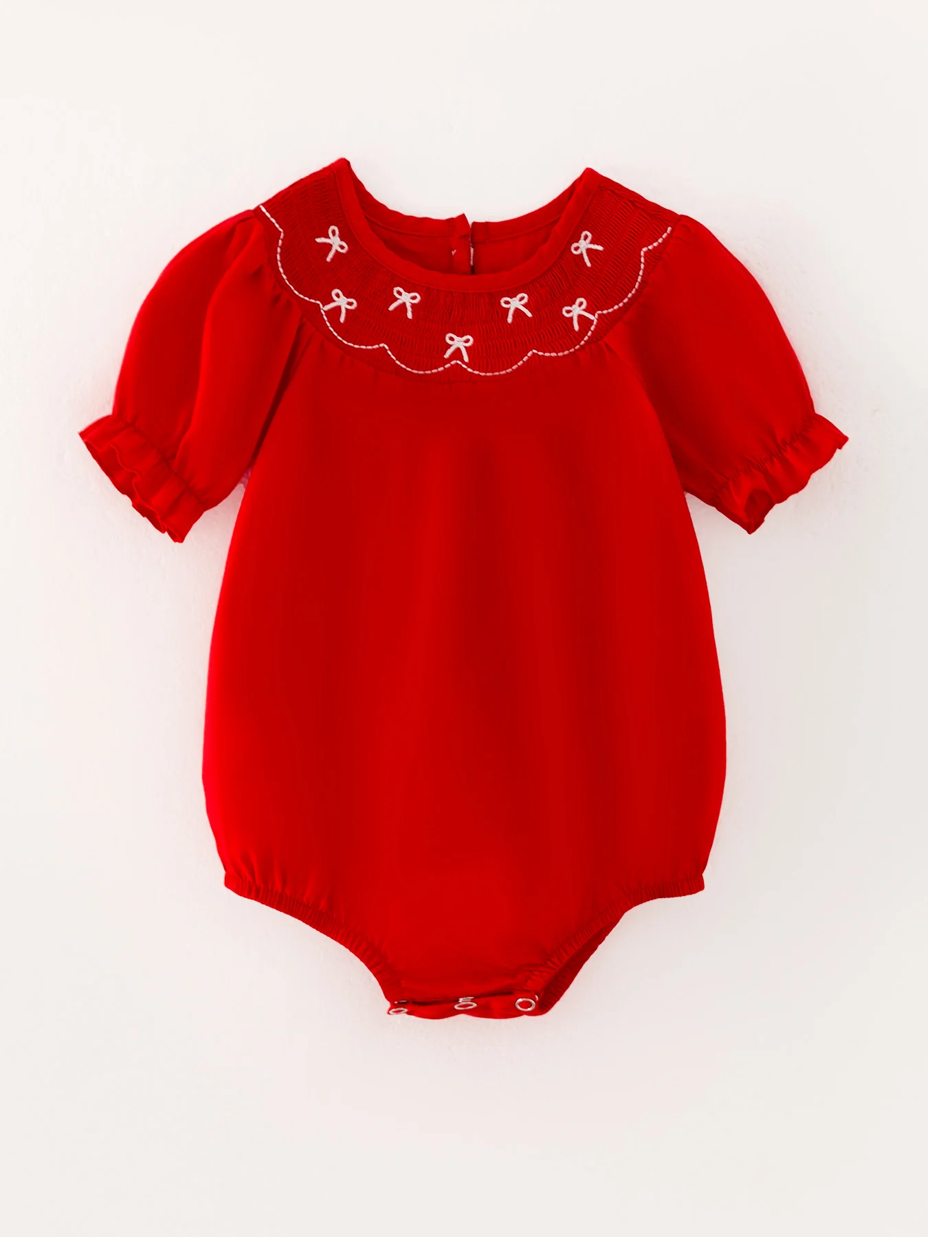 Girls Bow Smocking Embroidered Red Romper - Image 4