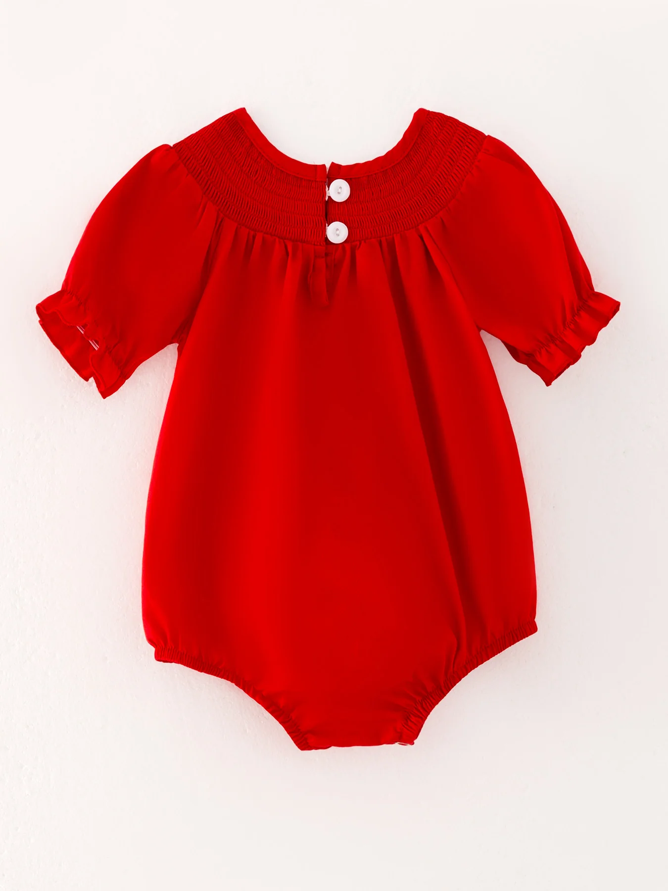 Girls Bow Smocking Embroidered Red Romper - Image 5