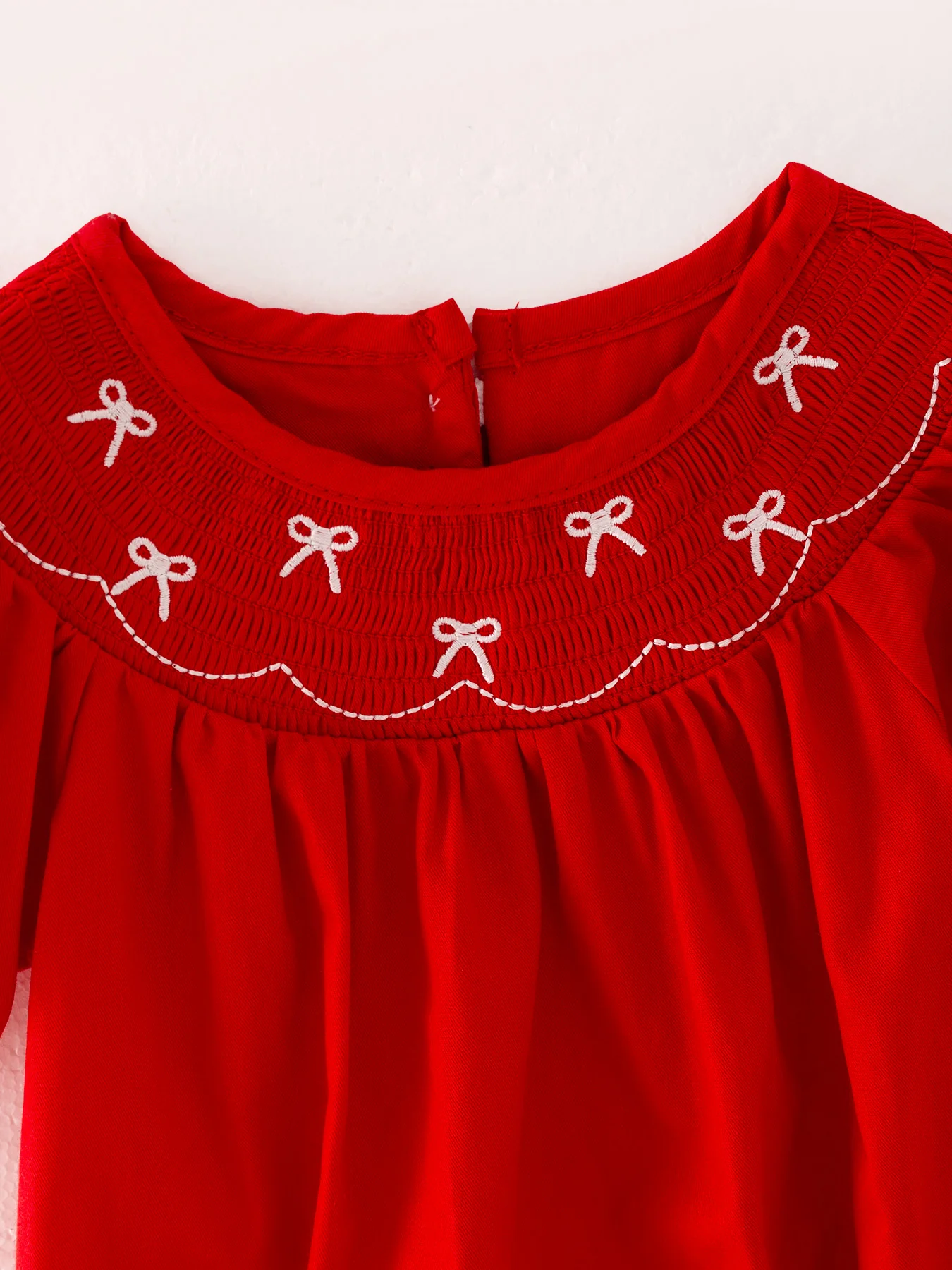 Girls Bow Smocking Embroidered Red Romper - Image 6