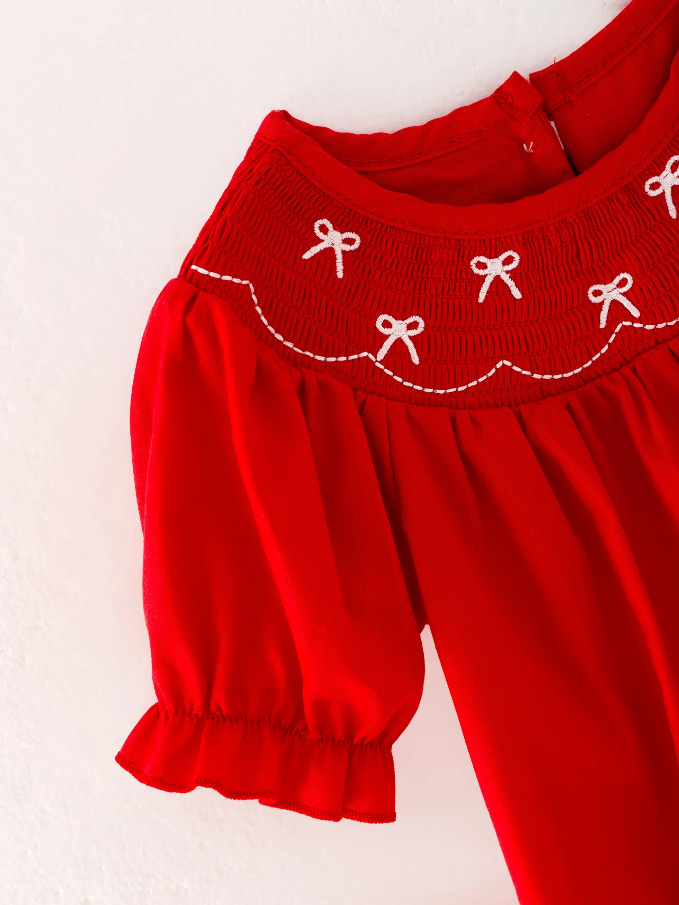 Girls Bow Smocking Embroidered Red Romper - Image 7