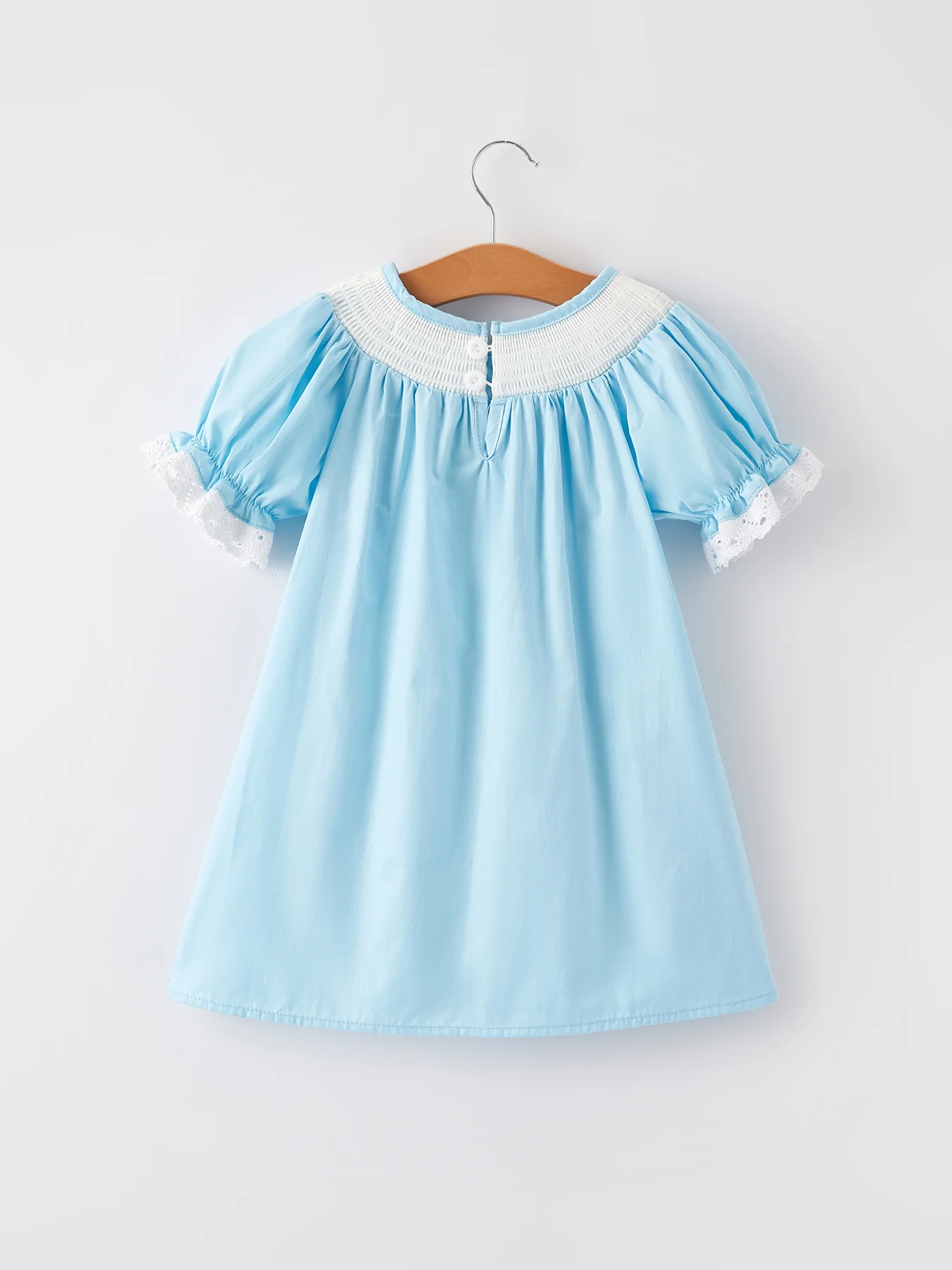 Girls Easter Bunny Smocking Embroidered Lace Cuff Blue Dress - Image 2