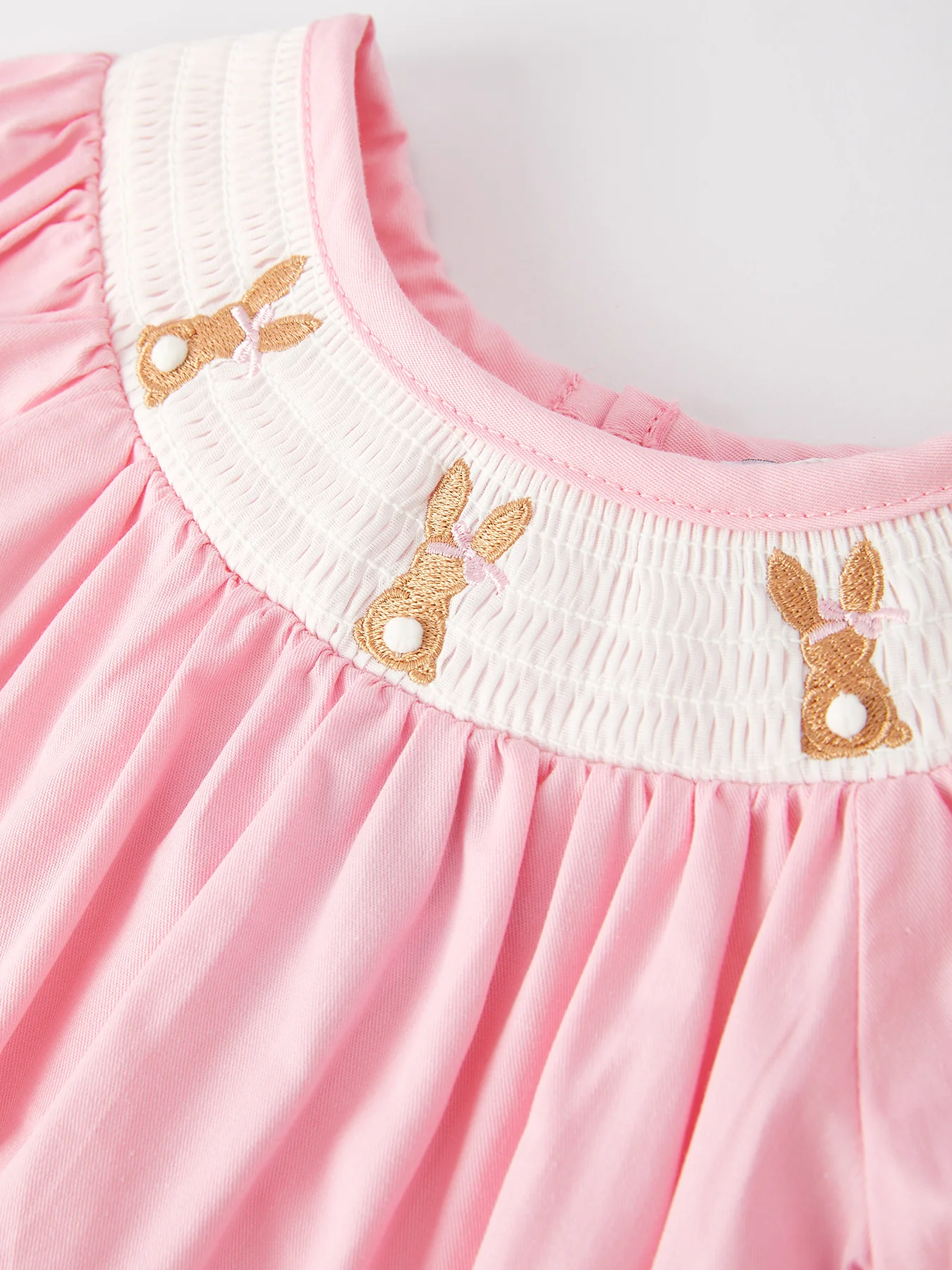 Girls Easter Bunny Smocking Embroidered Lace Cuff Pink Romper - Image 3