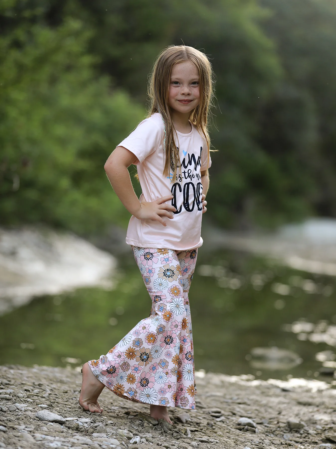 Girls Letter Print Top + Floral Pattern Pants - Image 3