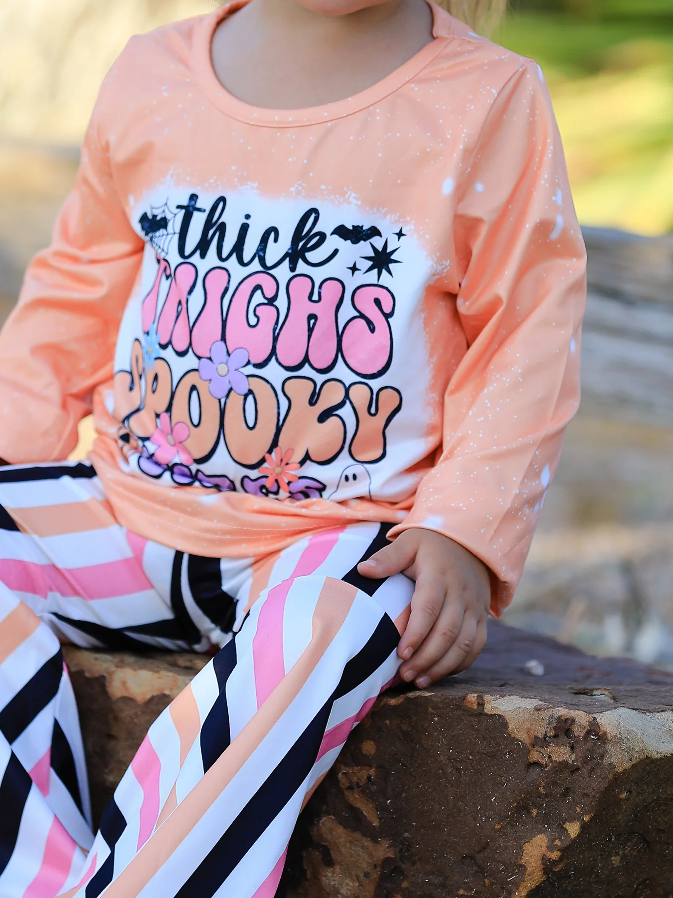 Halloween Letter Bleached Top + Striped Flared Pants - Image 3