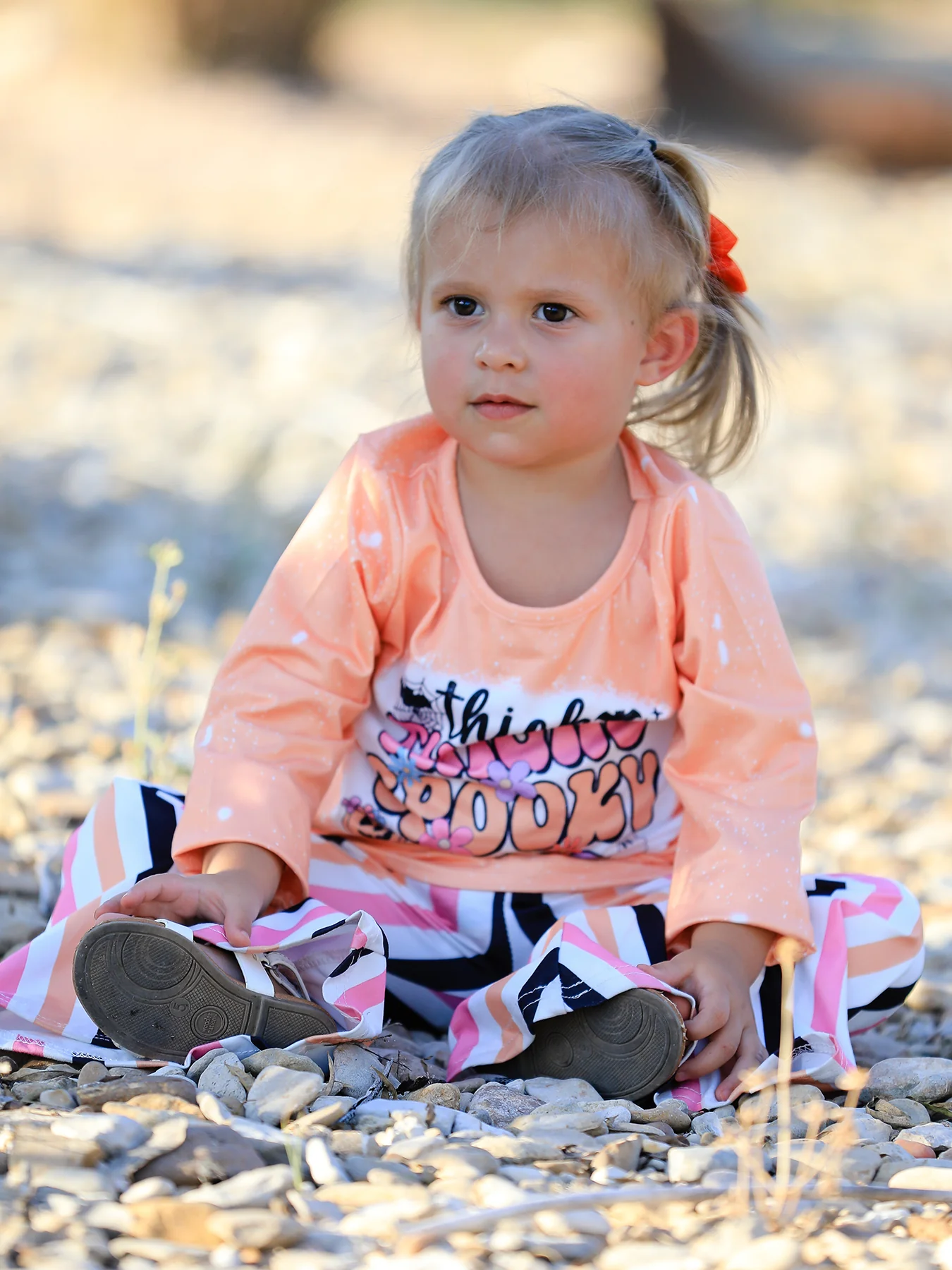 Halloween Letter Bleached Top + Striped Flared Pants - Image 4