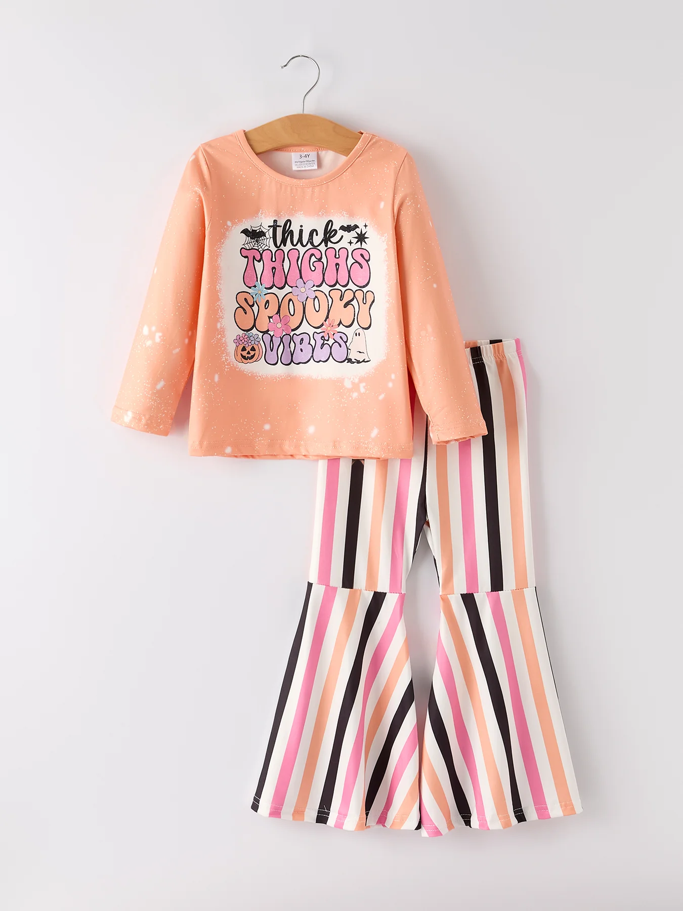 Halloween Letter Bleached Top + Striped Flared Pants - Image 6