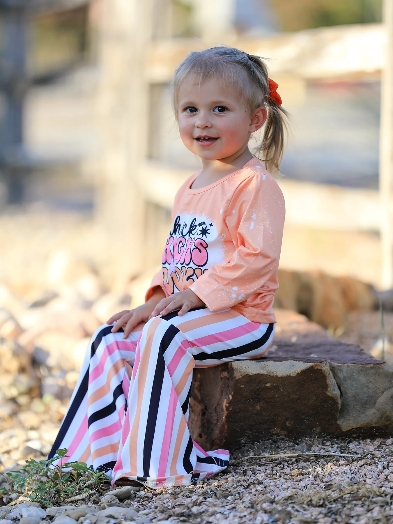 Halloween Letter Bleached Top + Striped Flared Pants - Image 7