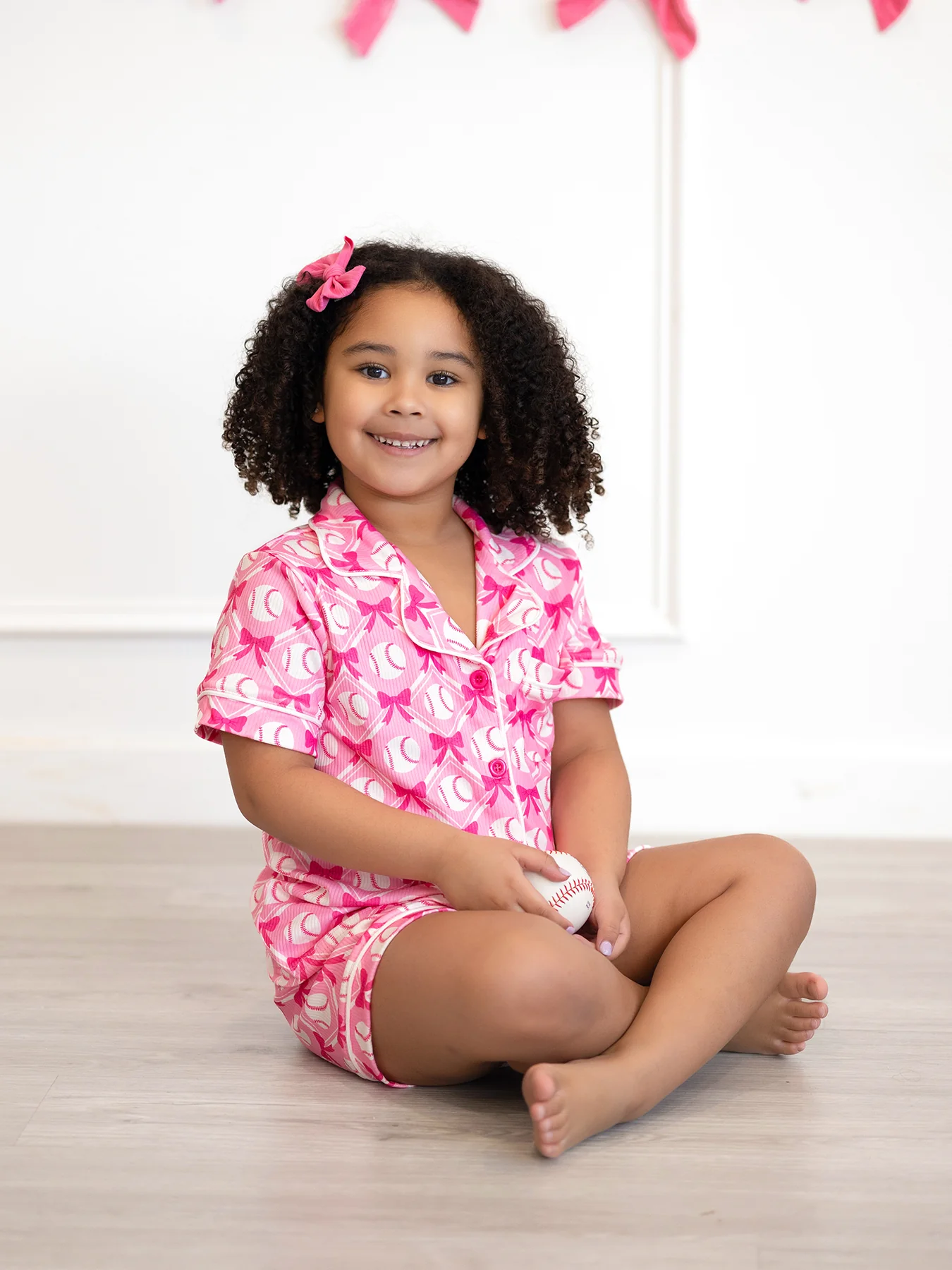 Girls Baseball Bow Print Pajama Set Short Sleeve Pink - Image 8