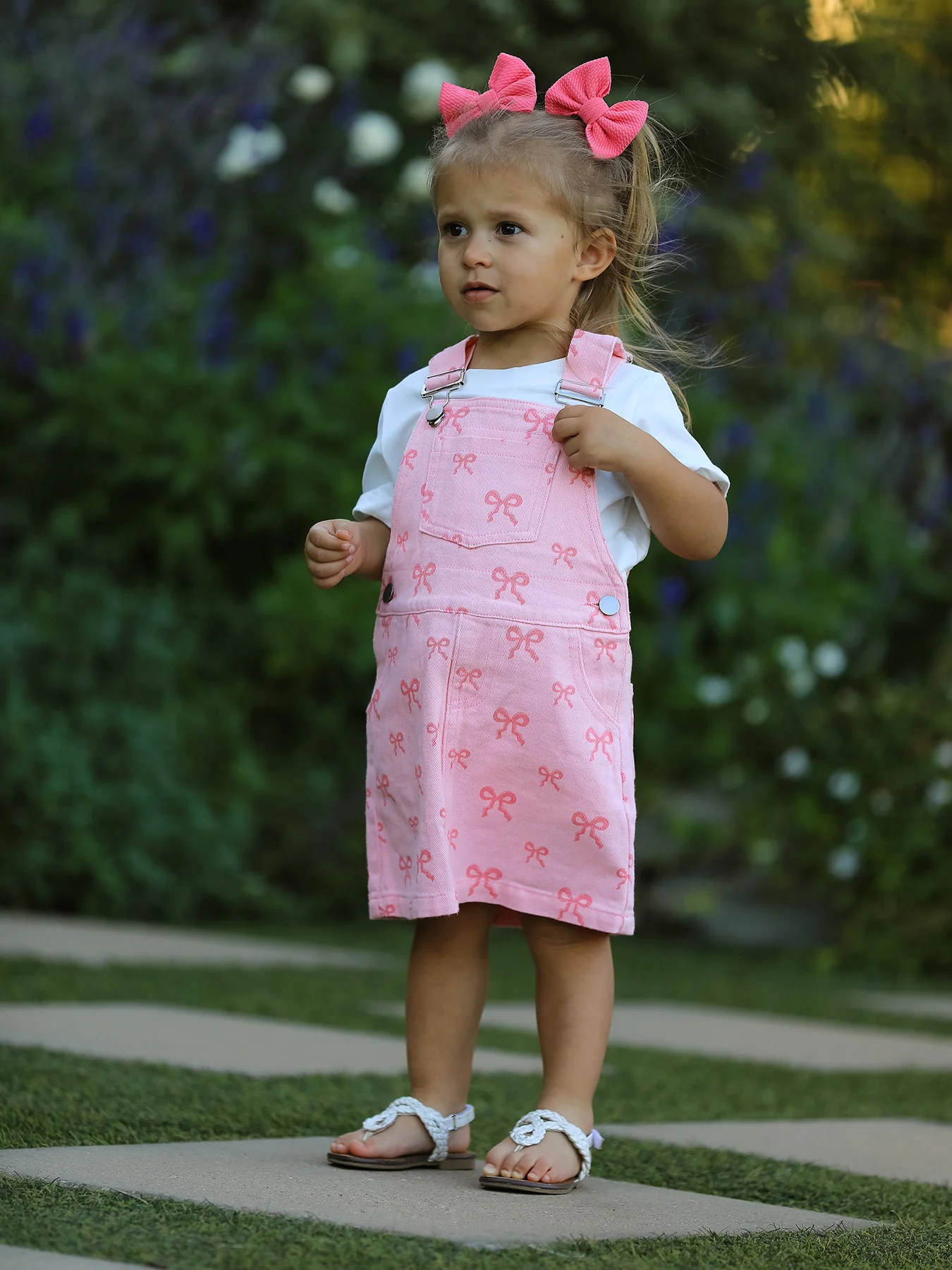 Pink Bow Denim Overall Dress for Girls - Image 2