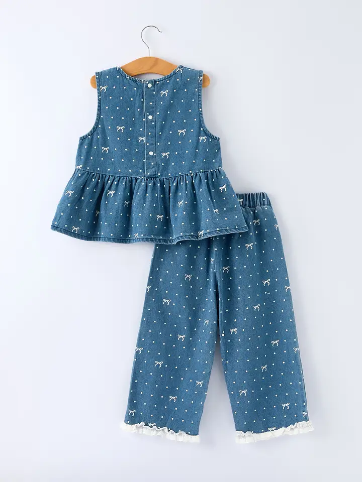 Spring Bow Dot Denim Ruffle Top and Pants Set 3/4 Pants - Image 2