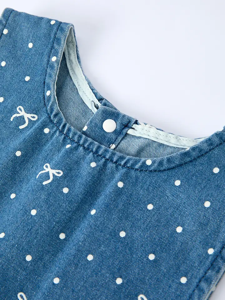 Spring Bow Dot Denim Ruffle Top and Pants Set 3/4 Pants - Image 3