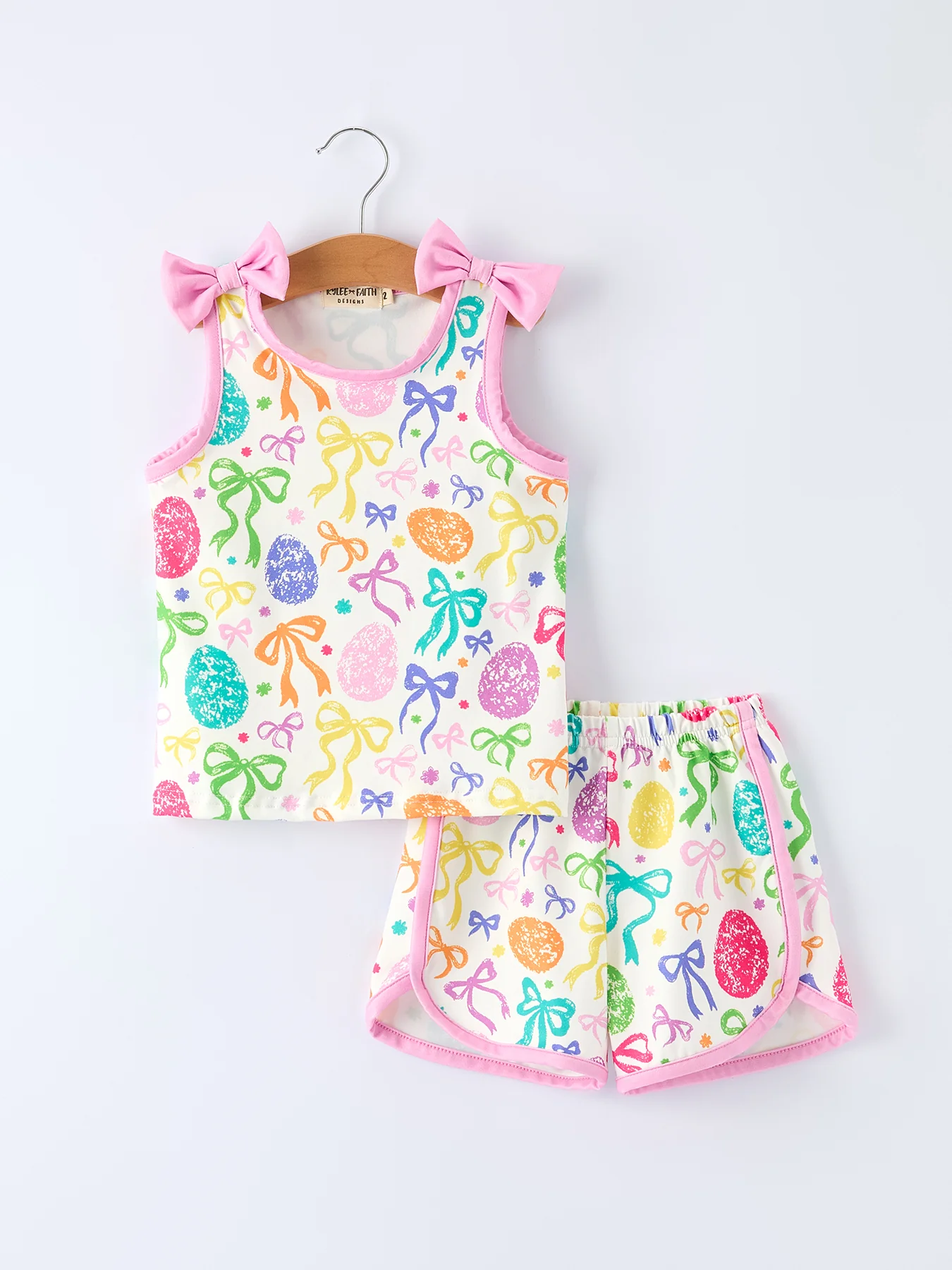 Rainbow Easter Egg Print Bow Sleeveless Vest Top and Shorts Set - Image 6